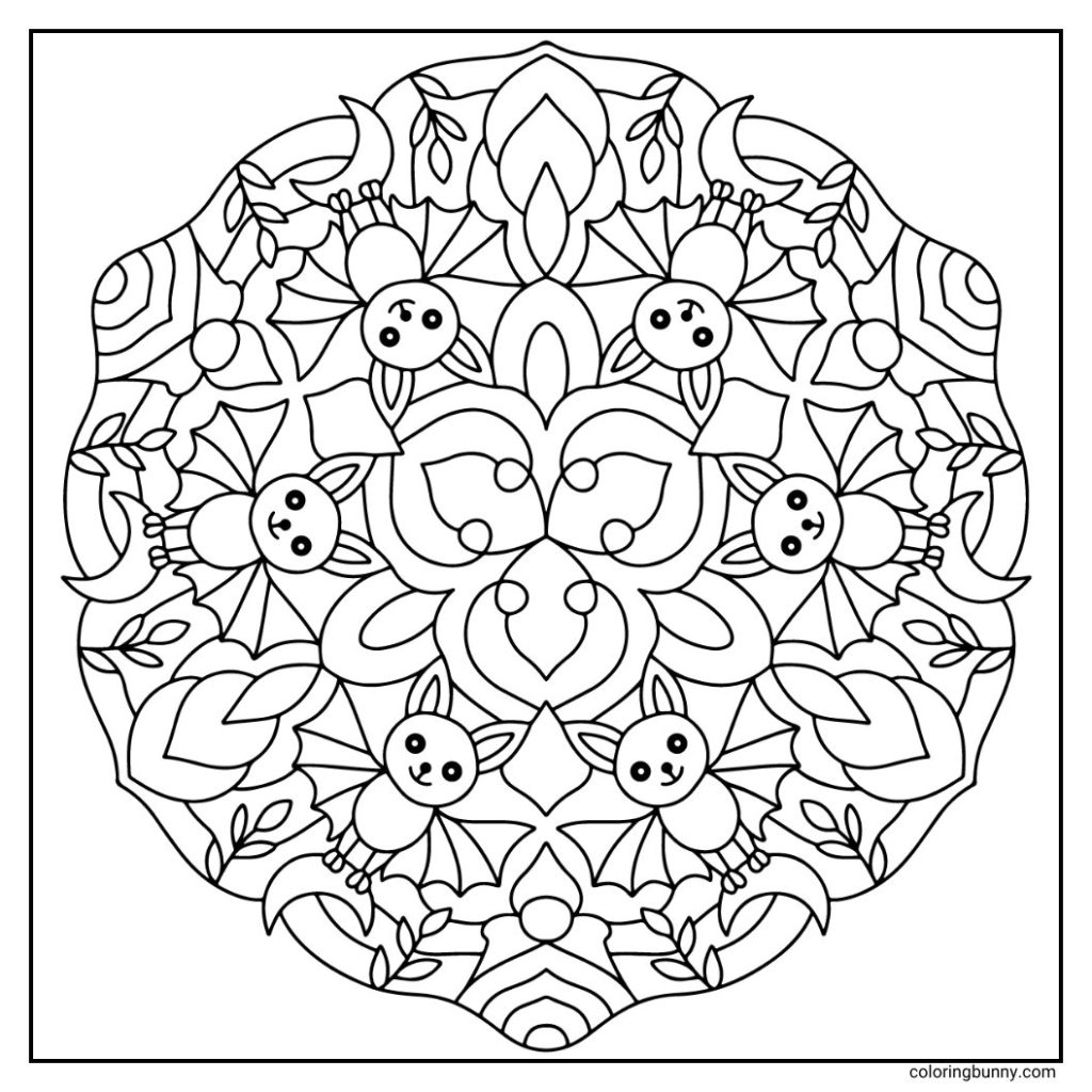 A mysterious hand-drawn animal mandala coloring page featuring spooky bats arranged in a circular design. Each bat is illustrated with outstretched wings, pointed ears, and piercing eyes, surrounded by crescent moons, leaves and swirling night sky elements. A thrilling design perfect for Halloween-themed coloring with dark, moody tones.