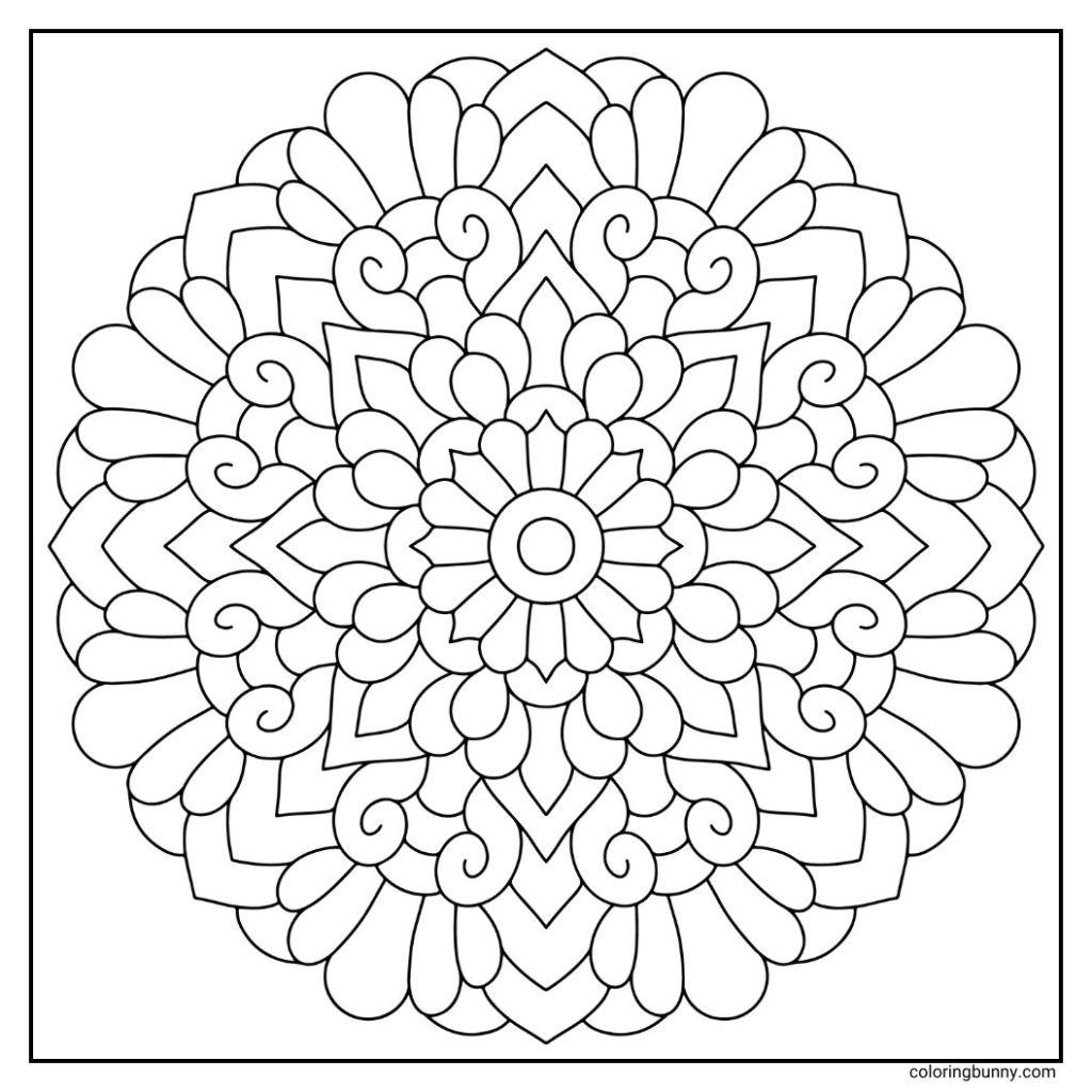 A hand-drawn mandala coloring page with a starburst-like center, where pointed rays alternate with rounded petal shapes. Each layer radiates outward in perfect symmetry, blending the sharp energy of starlight with the softness of floral blooms. The combination creates a dynamic yet calming design, ideal for mindful, expressive coloring.