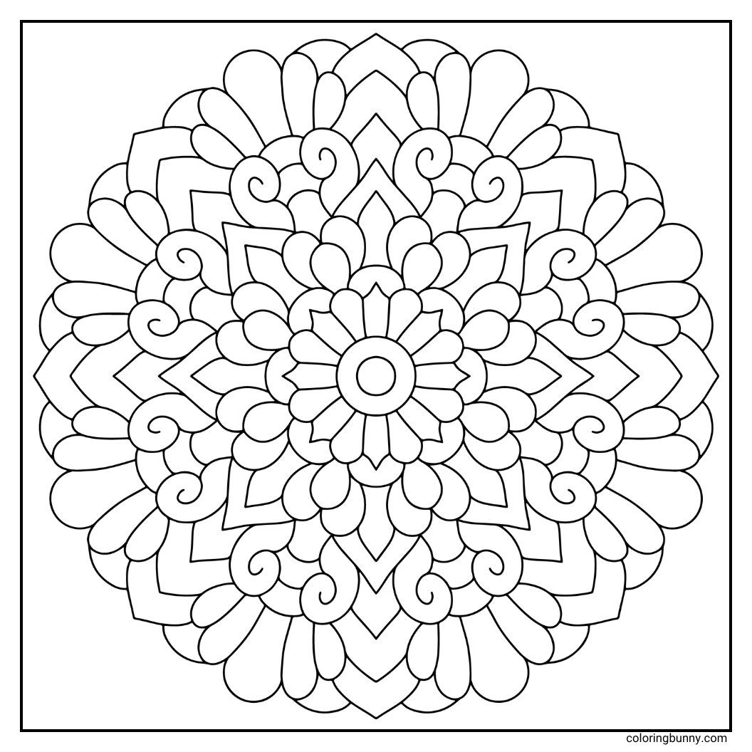 A hand-drawn mandala coloring page with a starburst-like center, where pointed rays alternate with rounded petal shapes. Each layer radiates outward in perfect symmetry, blending the sharp energy of starlight with the softness of floral blooms. The combination creates a dynamic yet calming design, ideal for mindful, expressive coloring.