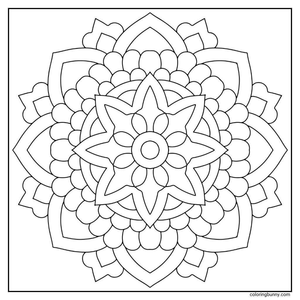 A hand-drawn mandala coloring page with a delicate floral core surrounded by small star motifs woven into its layers. The combination of petals and celestial accents creates a design that feels both earthly and cosmic, as if flowers are blooming under a night sky. Its gentle symmetry and sprinkled starlight details make it perfect for dreamy, meditative coloring.