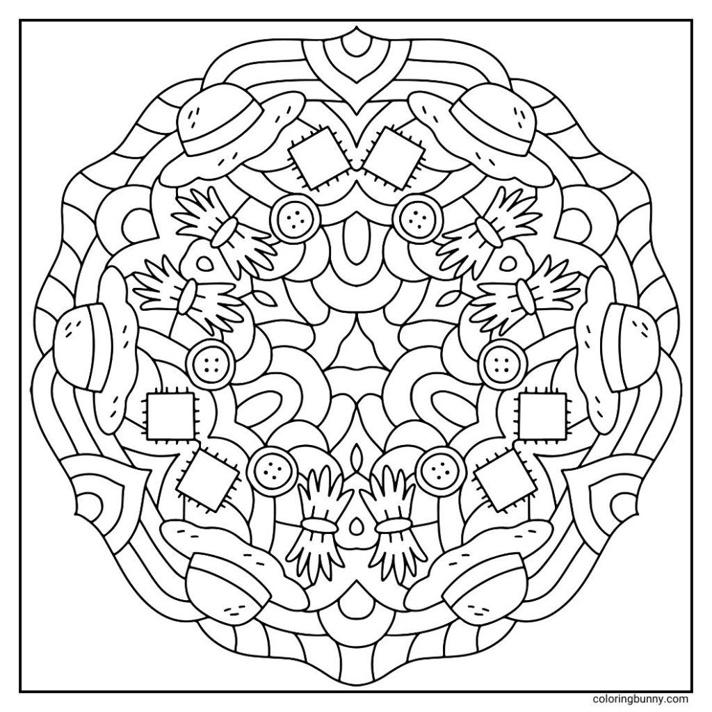A hand-drawn fall mandala coloring page featuring woven straw hats and textured straw bundles arranged in perfect symmetry. The rustic design evokes the warmth of the harvest season, making it an inviting page for cozy fall coloring.