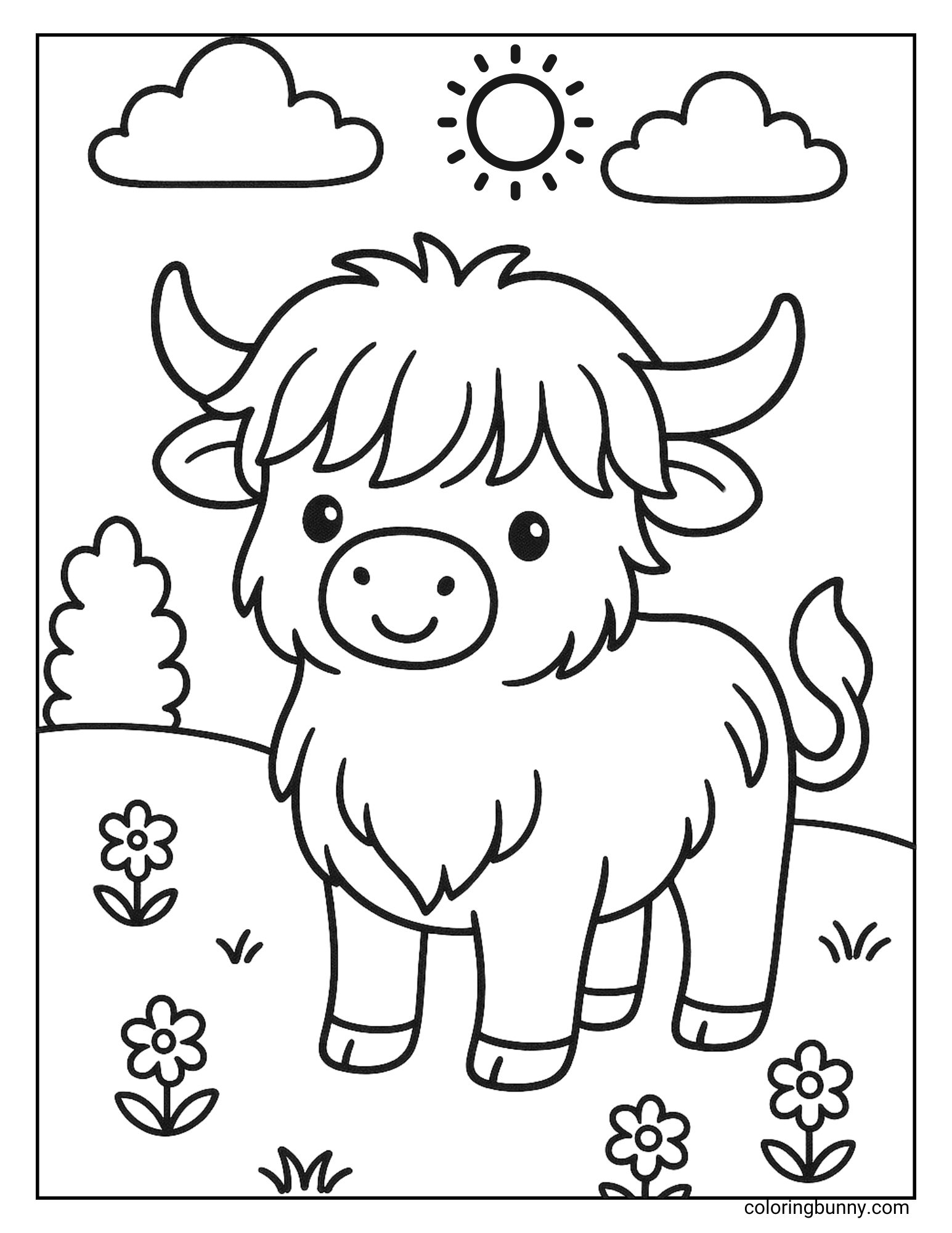 Highland cow coloring page of a Highland cow standing in a flower field under the sun and clouds.