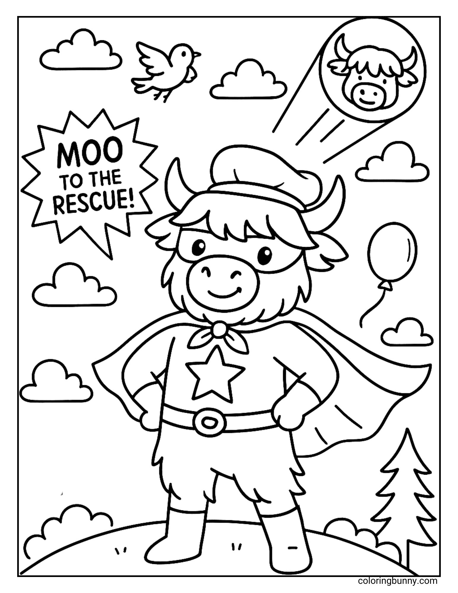 Superhero Highland cow coloring page with cape, mask, and “Moo to the Rescue” speech bubble.