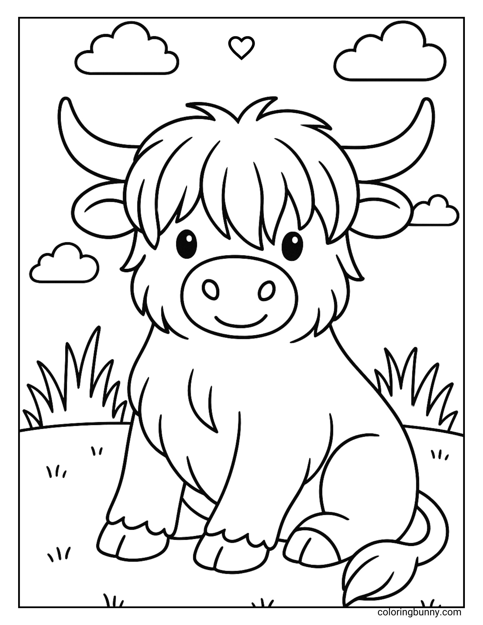 Black and white coloring page of a Highland cow sitting down in a peaceful field with clouds and a heart overhead.