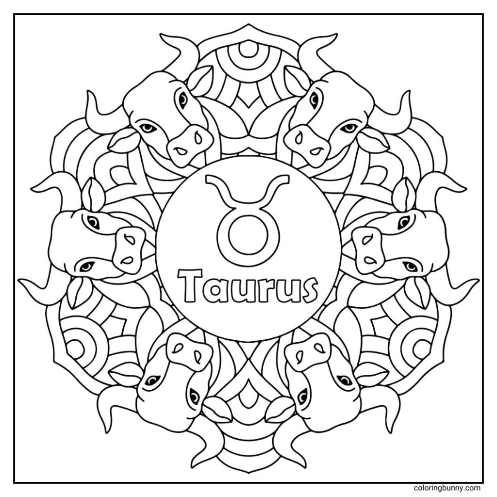 Our Taurus mandala (April 20 – May 20) includes the Taurus symbol at the center, surrounded by strong bull designs and earthy patterns. This steady, calming mandala reflects Taurus’ grounded nature, making it perfect for peaceful and relaxing coloring.