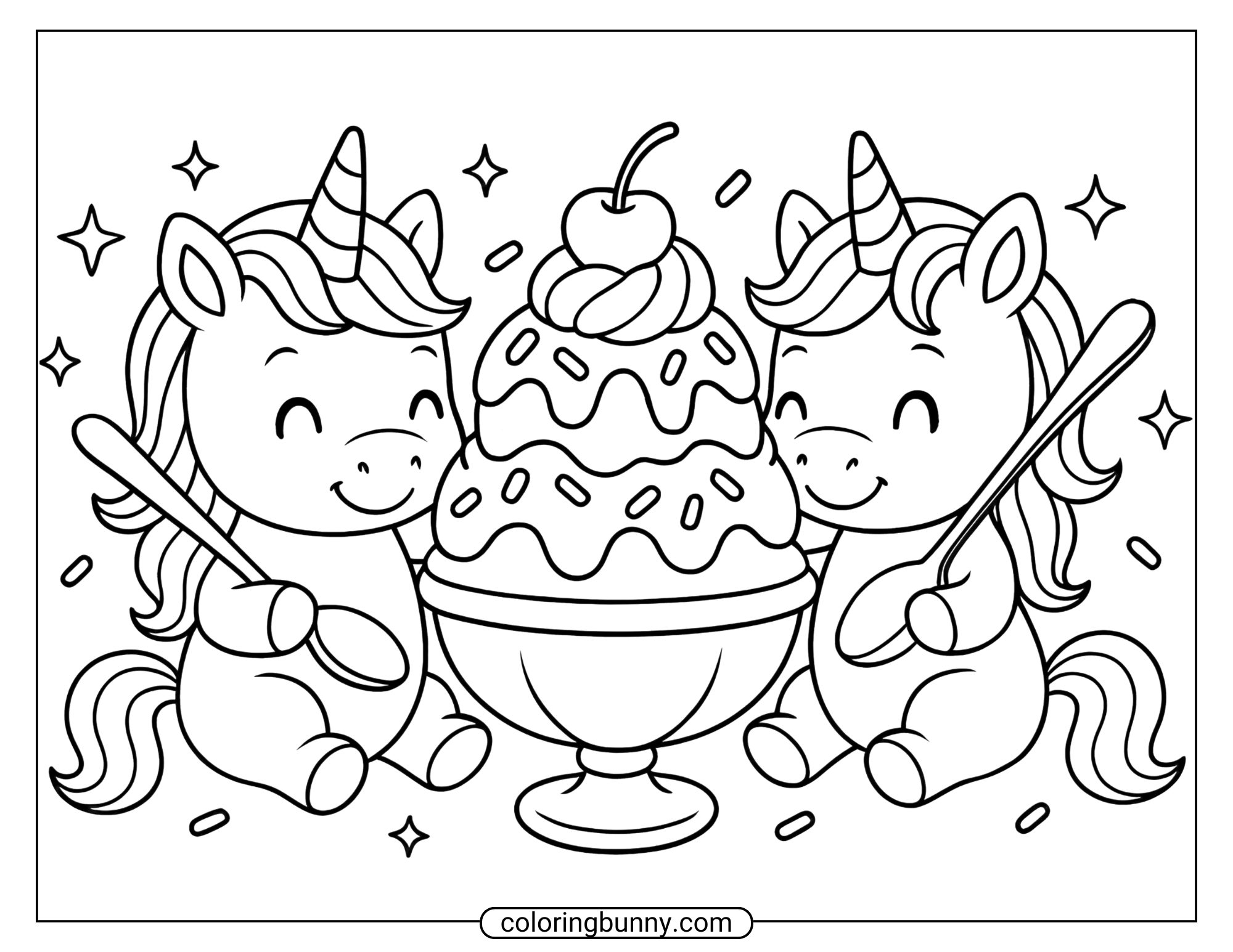 A coloring page of two baby unicorns enjoying a giant ice cream sundae topped with a cherry, with sprinkles and sparkles around them.