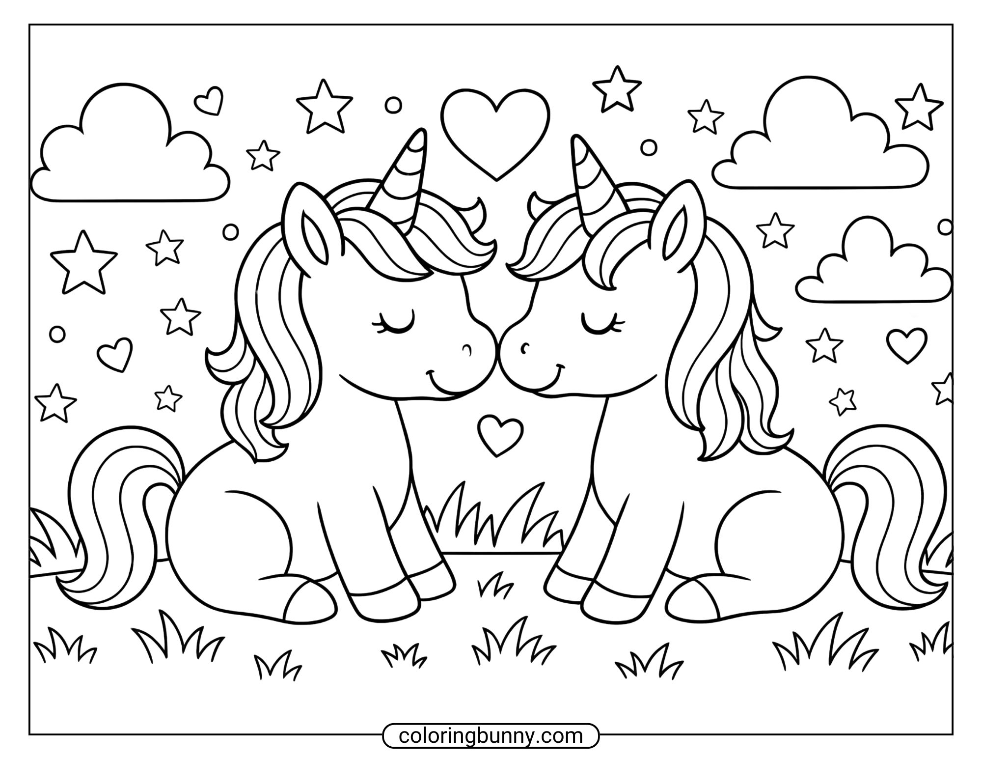 Coloring sheet of two baby unicorns facing each other with gentle smiles, surrounded by hearts, stars, clouds, and grass details.