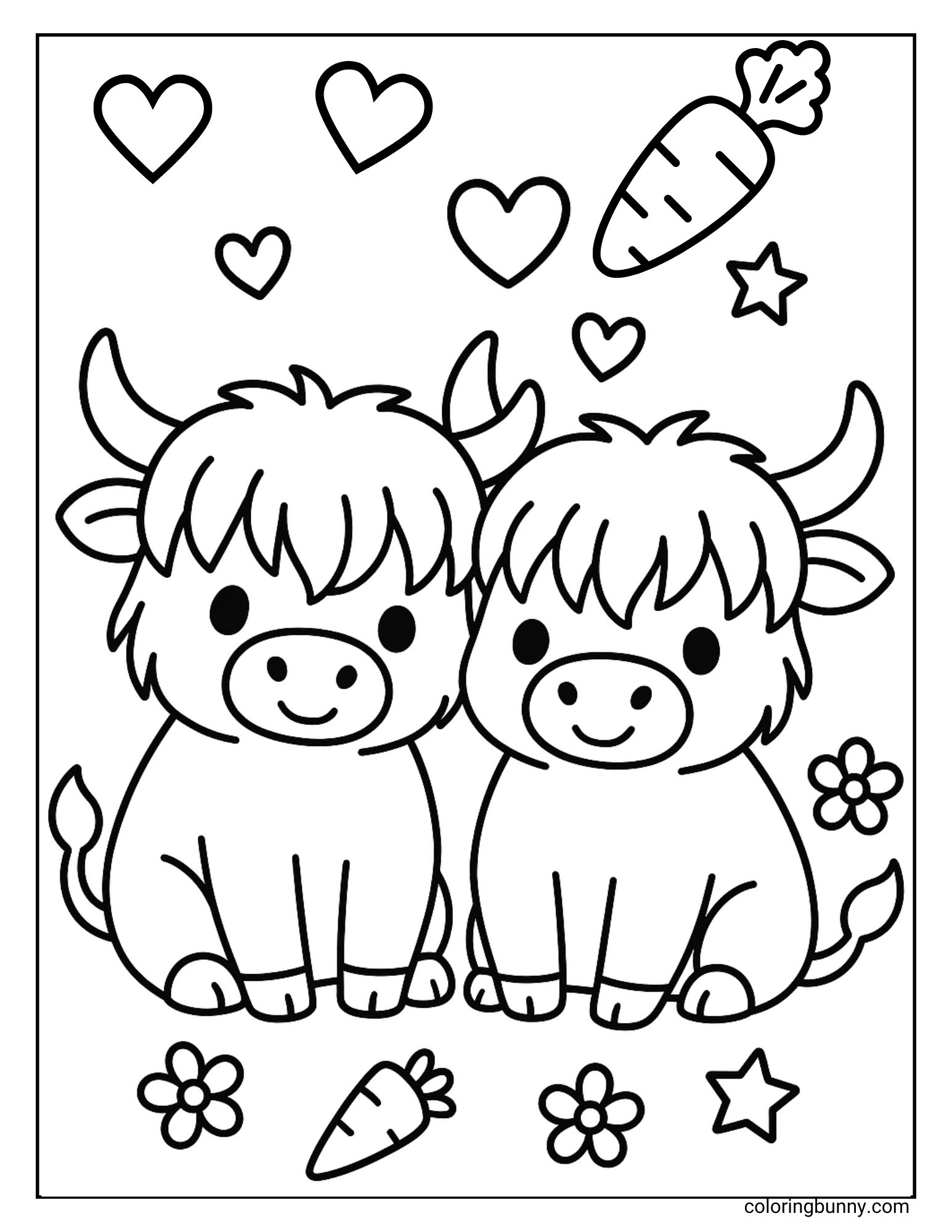 Two cute Highland cows sitting together in a fun printable coloring page with hearts, stars, and carrots.