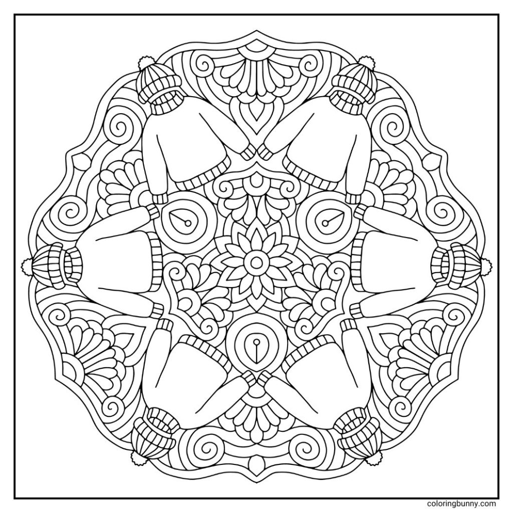 A cozy mandala composed of winter warm clothes arranged in a symmetrical circular pattern. The design features woolly hats with pompoms and warm sweaters radiating from the center. Swirls and snowflake accents fill the gaps, evoking a snug, layered-up feeling perfect for frosty days. Ideal for soft reds, frosty blues, and knitted-texture shading.