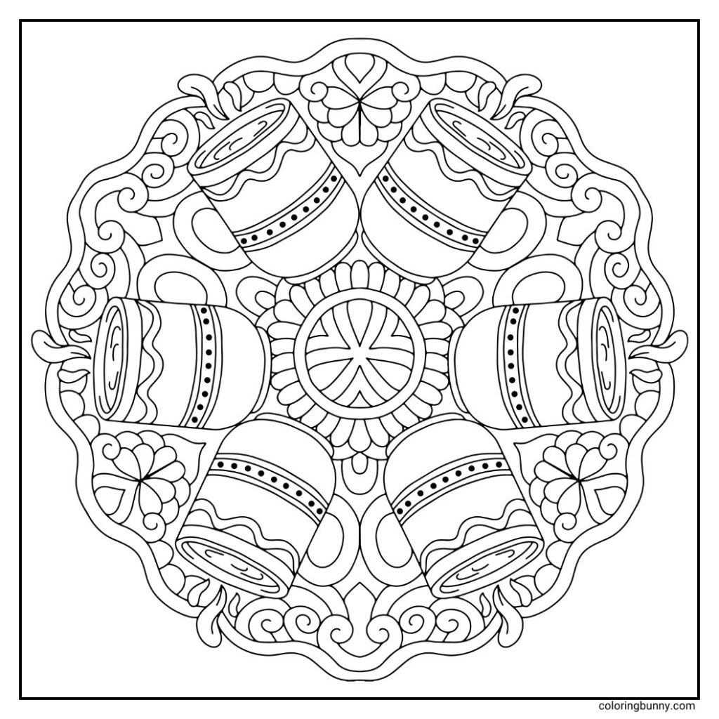 A cozy hand-drawn winter mandala coloring page featuring steaming mugs arranged in a circular pattern. Each mug is illustrated with a simple handle, rising steam swirls, and decorative accents. Between the cups are gently curved flourishes, giving the design a comforting and inviting winter vibe. Perfect for rich browns, creamy whites, and warm holiday tones.
