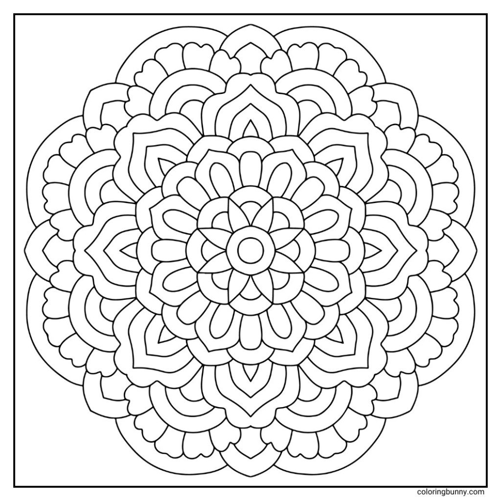 A hand-drawn simple mandala coloring page that begins with a detailed floral center, then unfurls into whirling layers of curved arcs and petal-like shapes. The design blends floral grace with a sense of circular motion, giving the impression of a flower spinning gently in the breeze. Its smooth repetition and organic balance make it both energizing and calming - an ideal piece for meditative, slow coloring sessions.