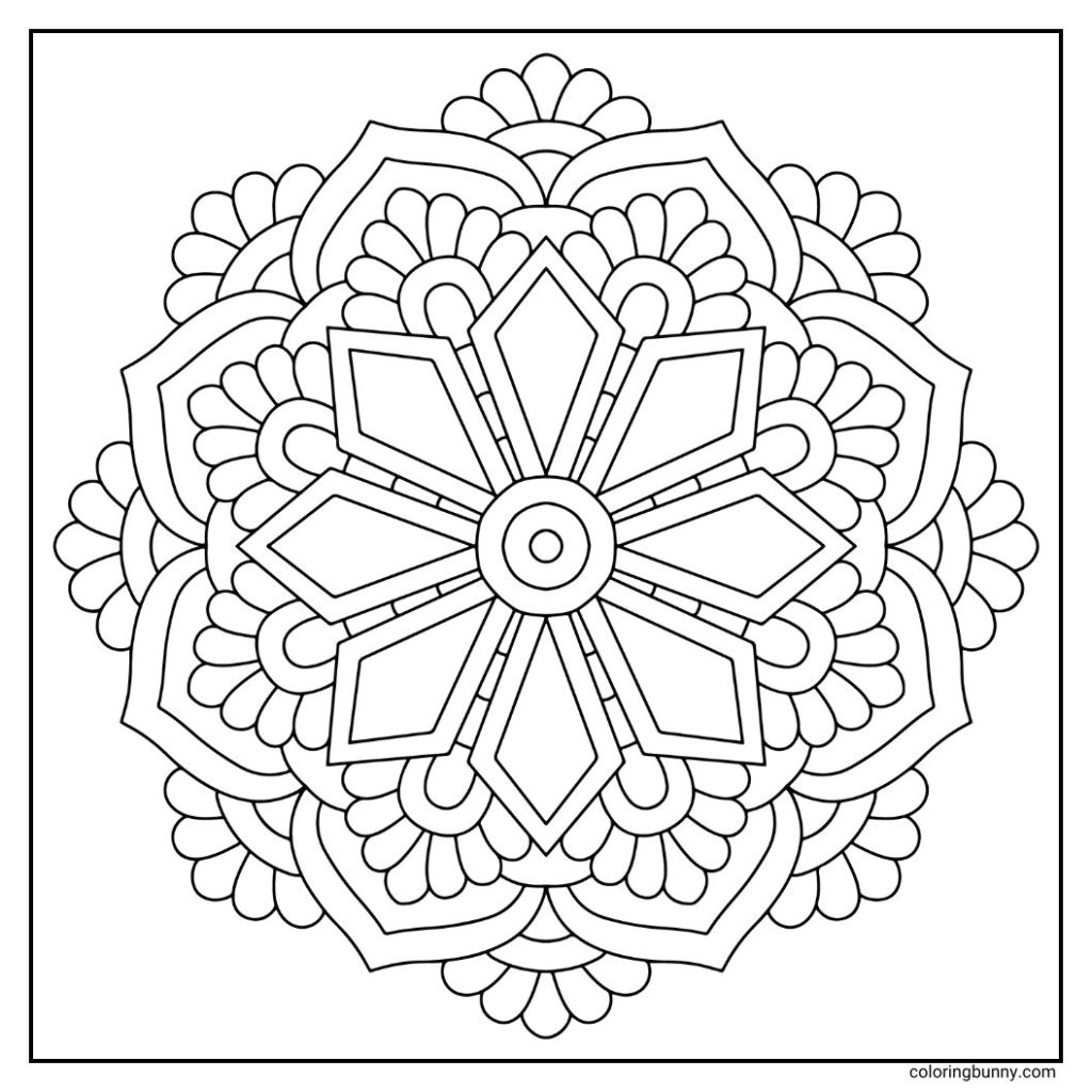 A hand-drawn mandala coloring page with a striking windmill-like core, where eight blade shapes turn outward in balanced rotation. Layered patterns extend in rhythmic symmetry, giving the sense of gentle motion and circulating air.