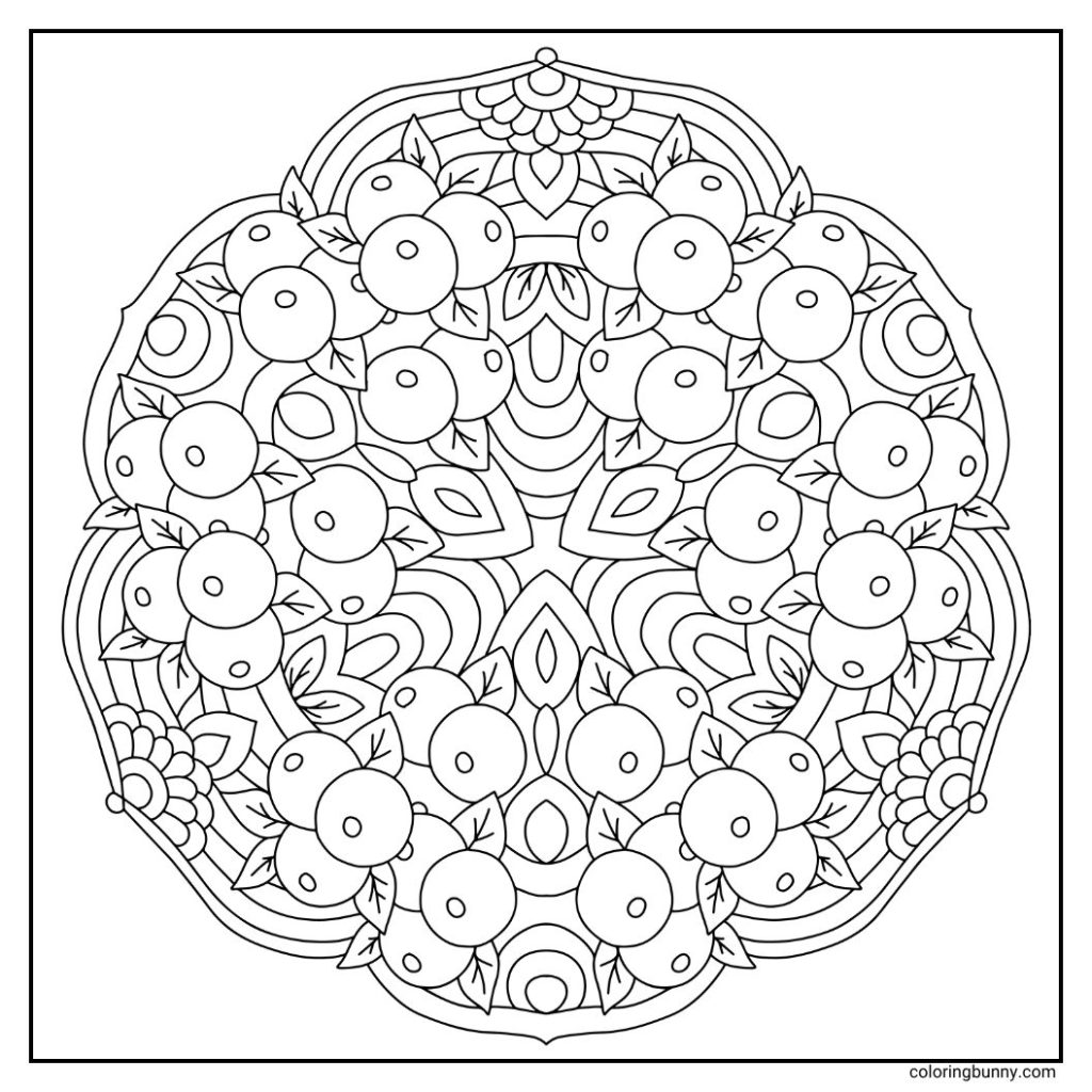 A delicate hand-drawn winter-themed mandala design centered around clusters of berries and leaves. The composition radiates symmetrically with swirling vines and rounded berries, evoking a peaceful, nature-inspired feel - perfect for cozy, seasonal coloring sessions.