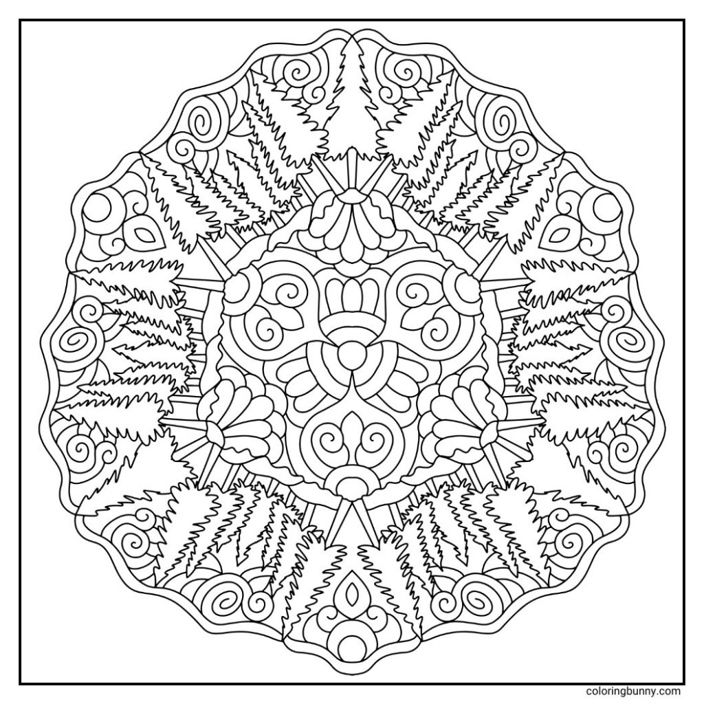 A tranquil hand-drawn winter mandala coloring page featuring tall evergreen trees arranged in a circular forest formation. The trees resemble pine or fir trees, creating a snowy woodland feel. Between the trees are swirls and delicate lines that mimic drifting wind or snowfall, adding softness and serenity to the scene. A peaceful design perfect for deep greens, snowy whites, and cool blue tones.