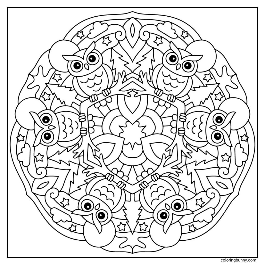 A whimsical hand-drawn animal mandala coloring page featuring curious owls perched on branches in a symmetrical circular pattern. Their wide eyes and feathered details radiate from the center, surrounded by trees, and stars, inviting calm and focus. This intricate design blends nature and imagination, offering a peaceful, engaging coloring experience.