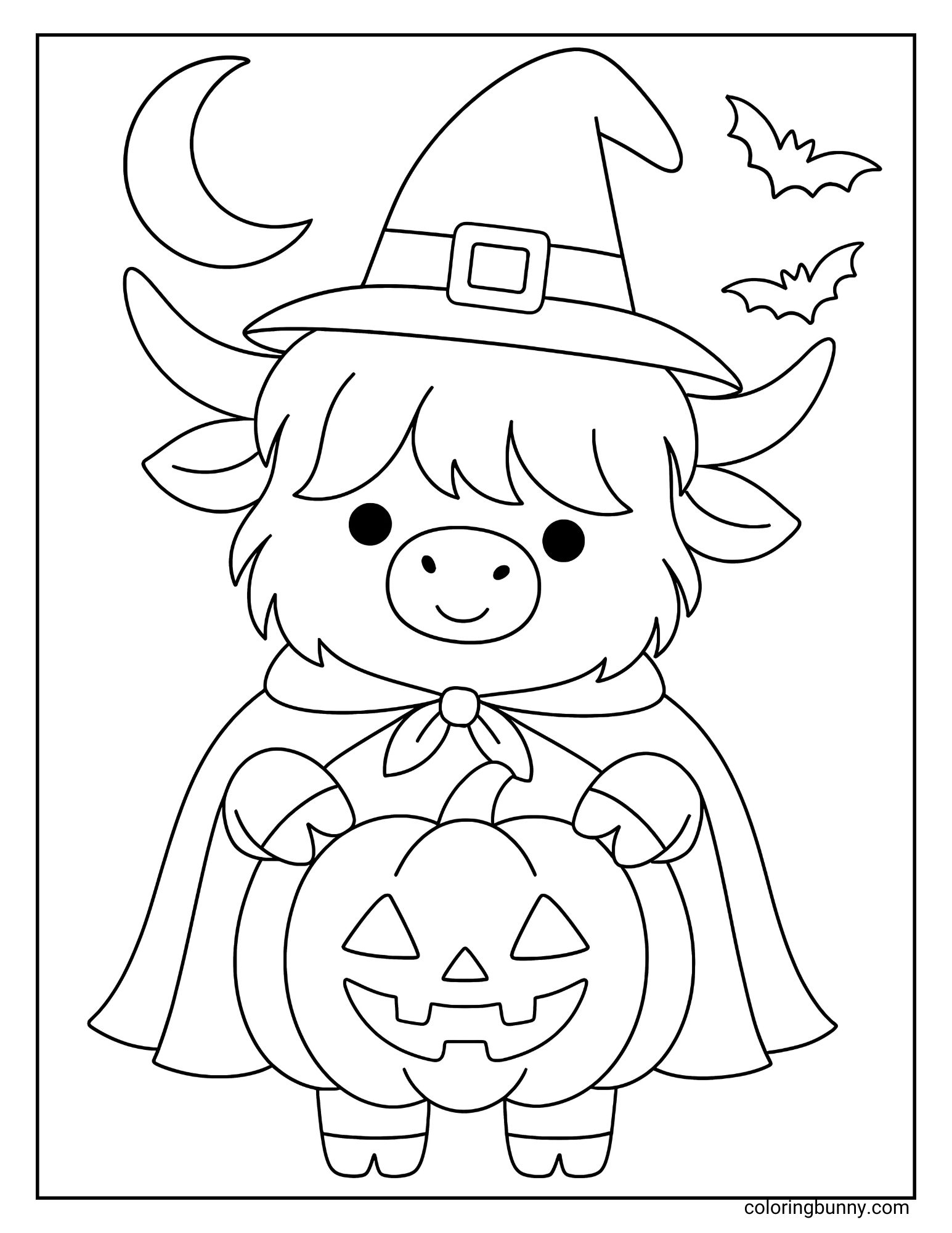 Halloween Highland cow coloring of a cow dressed as a witch holding a carved pumpkin.
