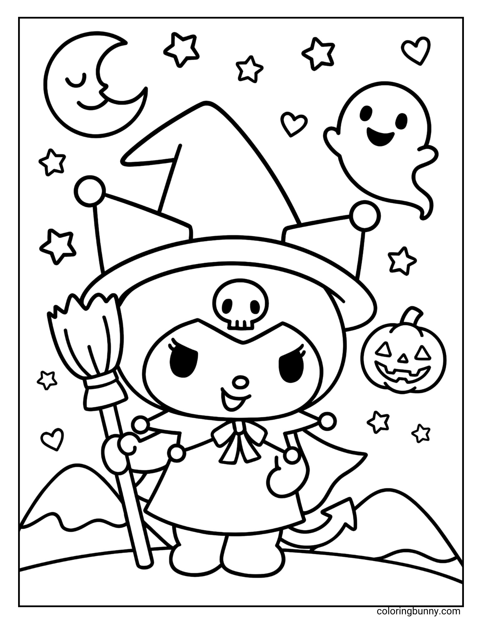 Kuromi coloring page of her in a witch costume with broom, surrounded by stars, ghosts, and a pumpkin under the moon.