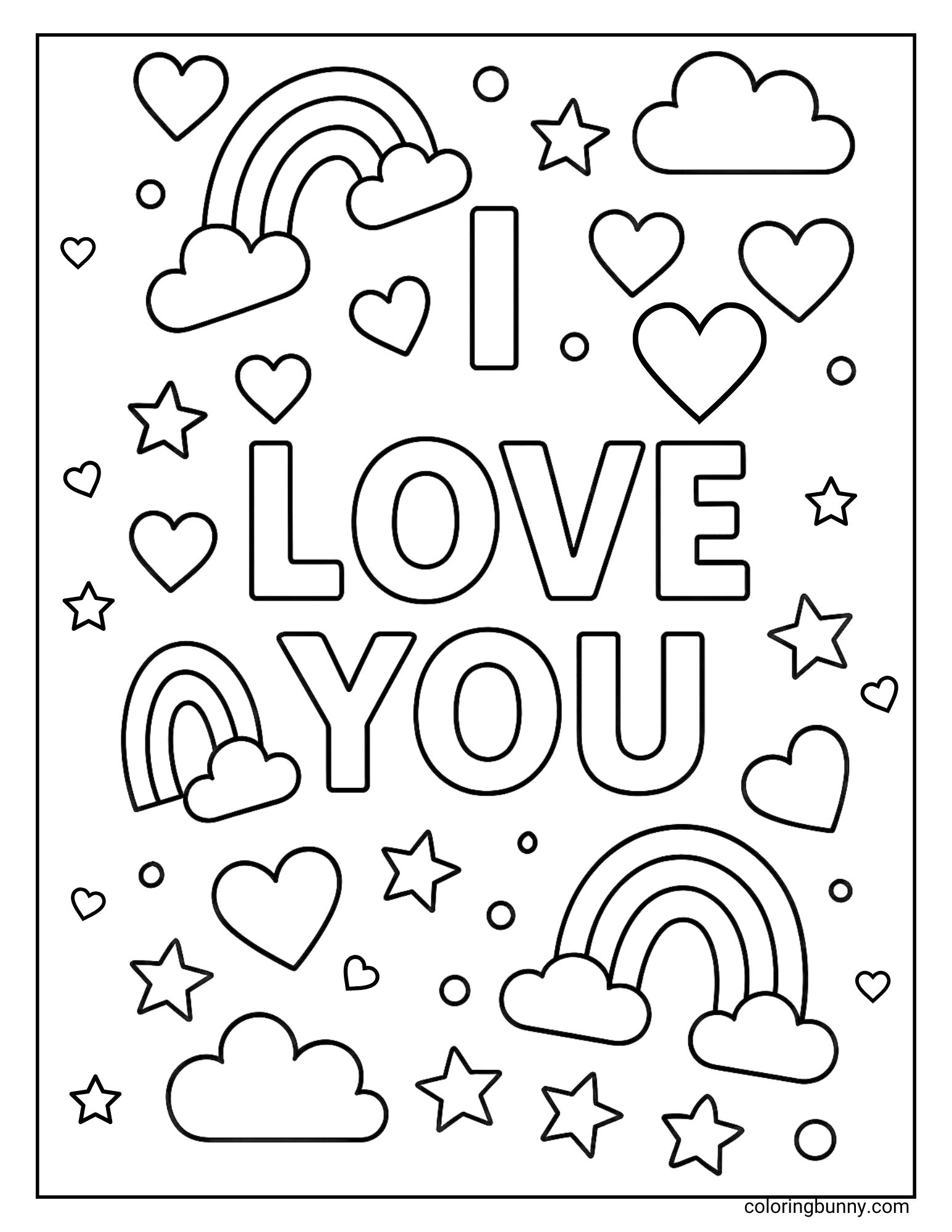 A love-themed coloring page with large bubble letters spelling out I Love You, surrounded by playful rainbows, puffy clouds, twinkling stars, and floating hearts.