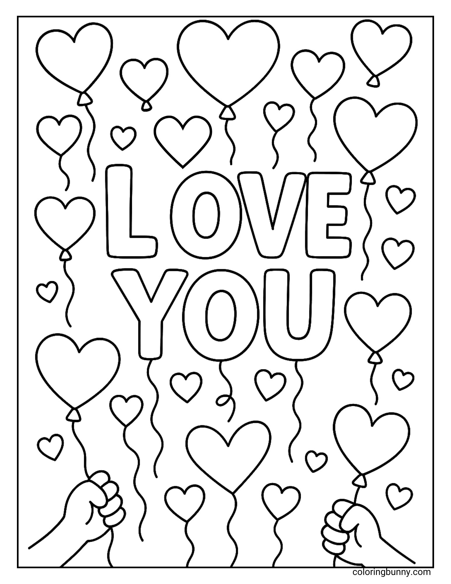 An "I Love You" themed coloring page with the large words "LOVE YOU" surrounded by heart-shaped balloons. Two hands at the bottom are holding the balloon strings.