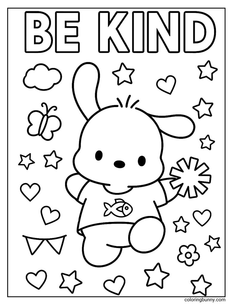 coloring page of Pochacco waving with a pom-pom, with the words "BE KIND" at the top and hearts, stars, and a butterfly around him.