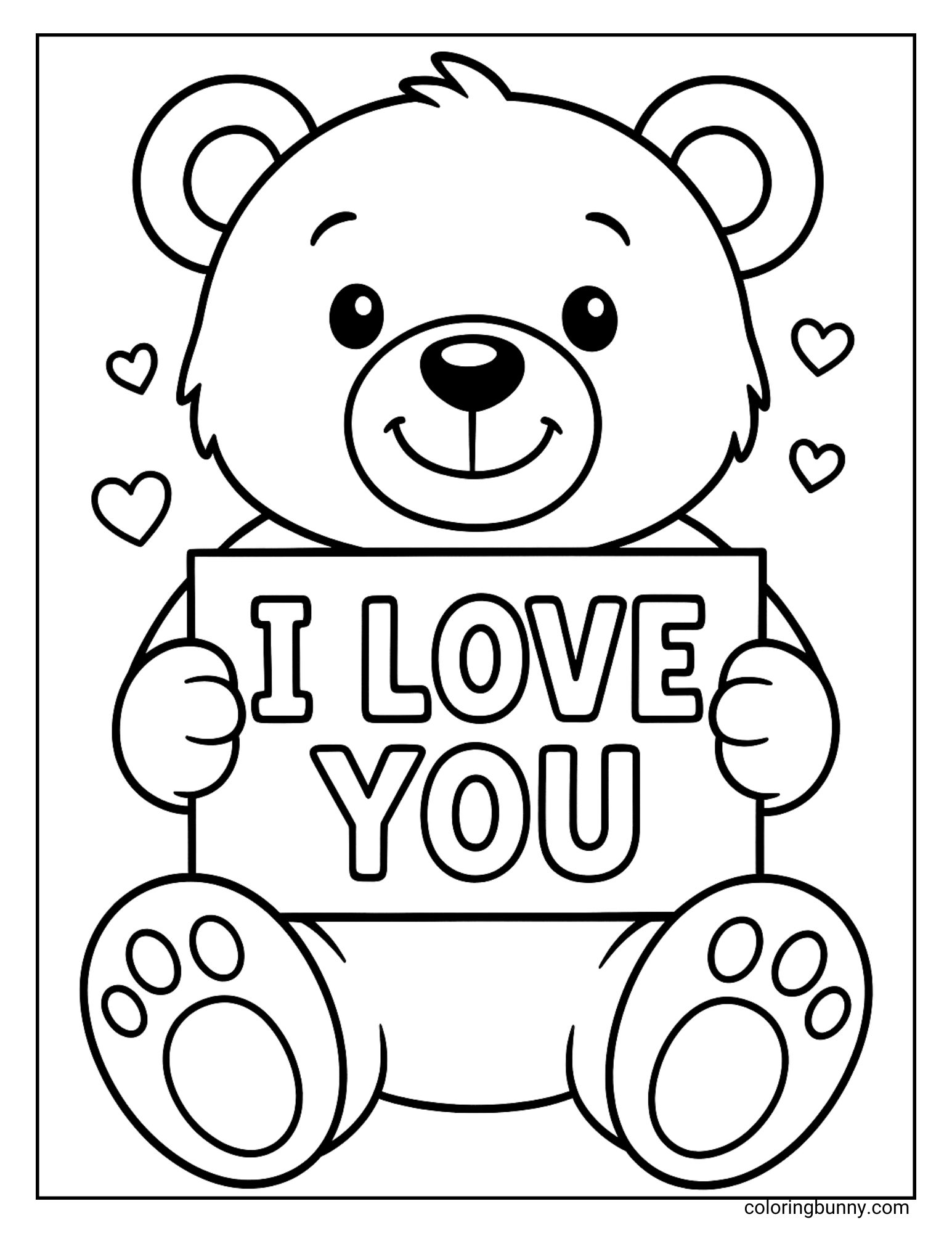 An "I Love You" themed coloring page of a friendly teddy bear holding a sign with the words "I LOVE YOU". The background is simple with a few hearts.