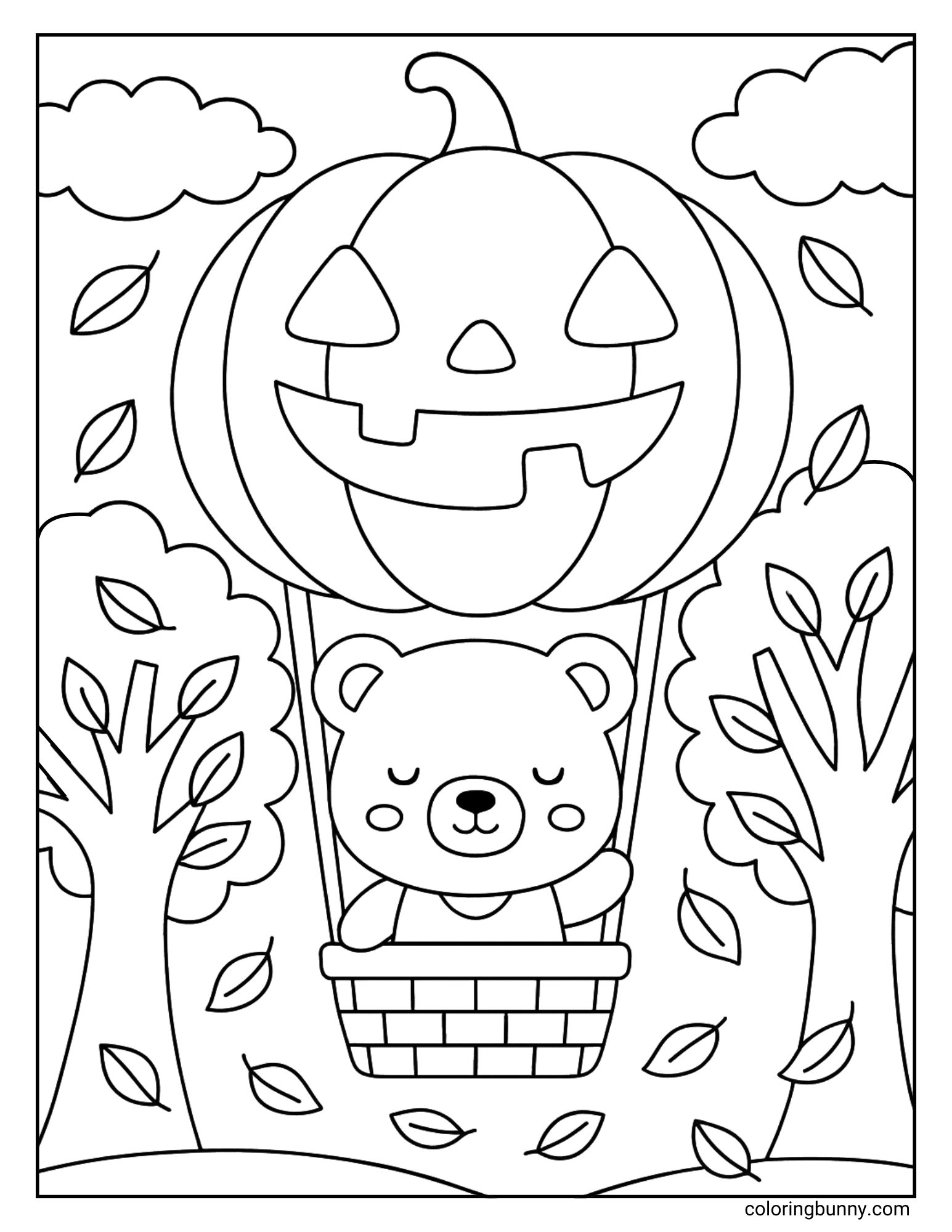 Black and white fall coloring page of a bear riding in a hot air balloon shaped like a jack-o’-lantern, floating among autumn leaves and trees.