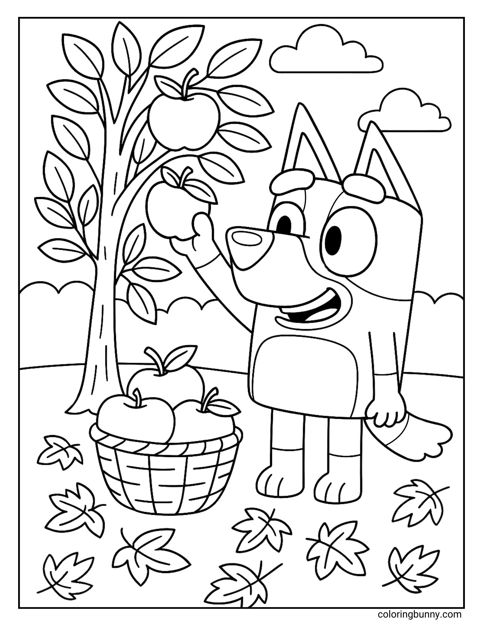 A black and white Bluey coloring page showing Bluey standing under an apple tree, reaching for an apple while a basket full of apples sits on the ground.