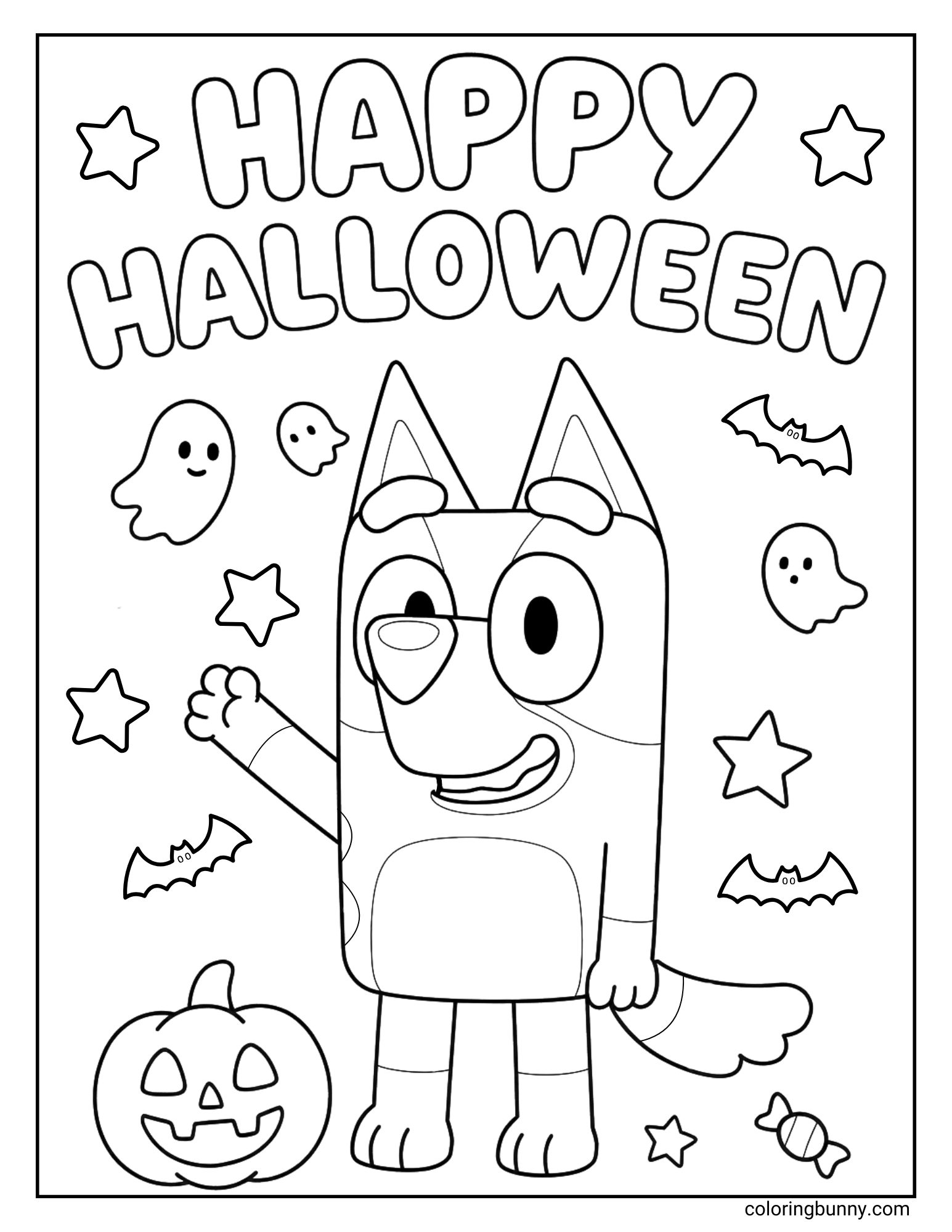 Black and white fall coloring page of Bluey celebrating Halloween with ghosts, bats, stars, candy, and a jack-o’-lantern.