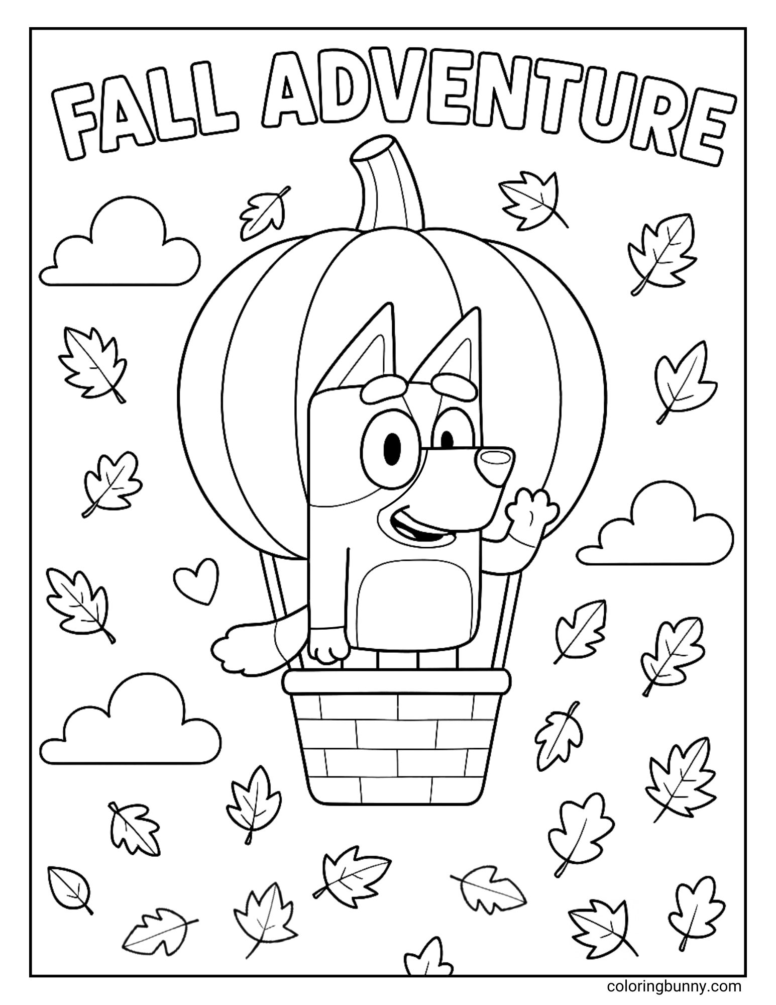 A black and white Bluey coloring page showing Bluey inside a pumpkin-shaped hot air balloon with the words "FALL ADVENTURE" at the top.