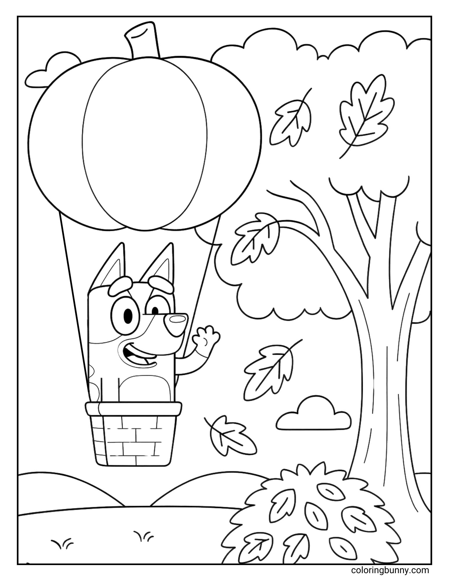 A black and white Bluey fall coloring page showing Bluey in a pumpkin hot air balloon with a tree and falling leaves below.