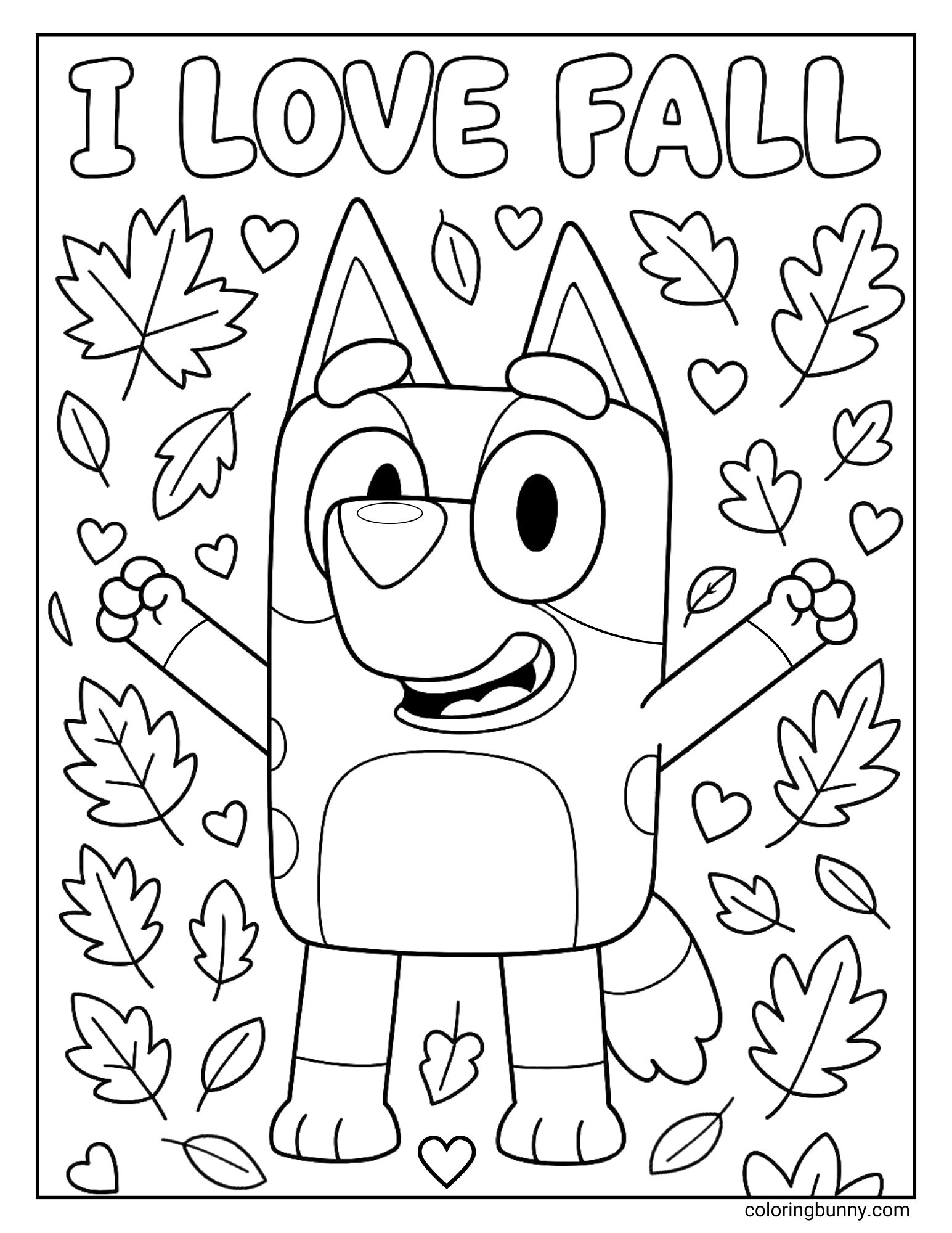 A black and white Bluey coloring page with the words "I LOVE FALL" at the top and Bluey standing happily among various autumn leaves and hearts.