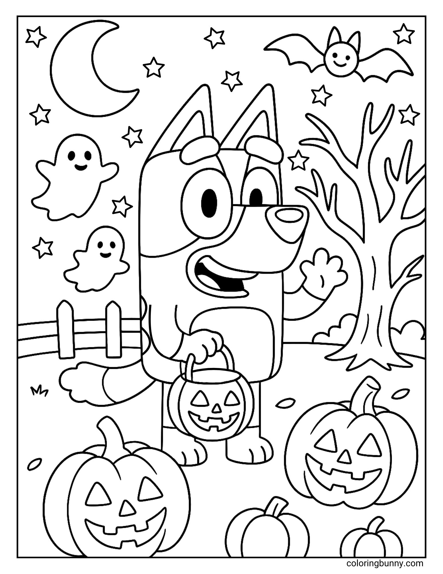A black and white Bluey Halloween coloring page showing Bluey holding a jack-o'-lantern bucket while standing outside with pumpkins, ghosts, stars, a bat, and a tree.