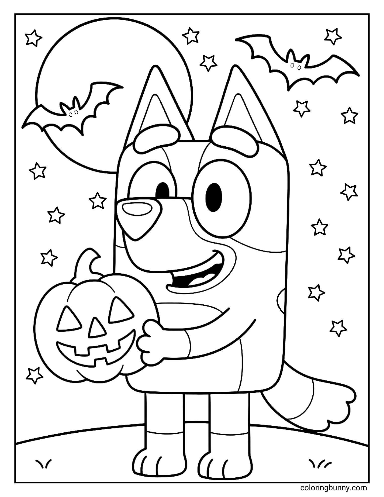 A black and white Bluey fall coloring page showing Bluey holding a jack-o'-lantern with a moon, stars, and bats in the background.