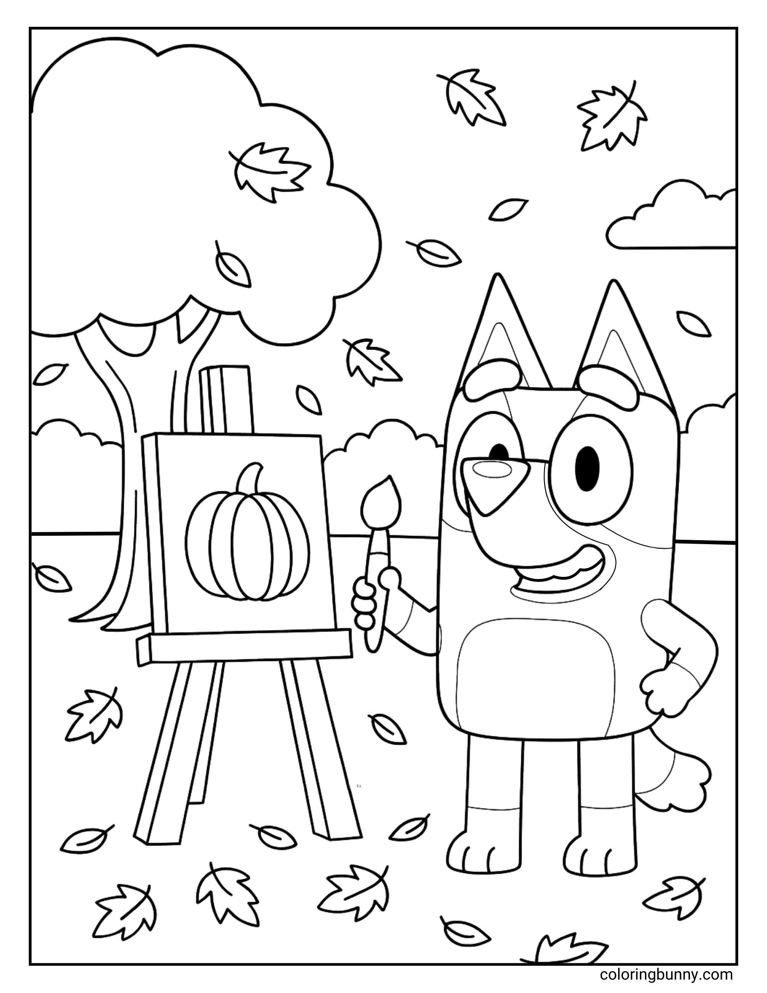 Black and white coloring page of Bluey painting a pumpkin on a canvas outdoors, with a tree, falling leaves, and a happy fall setting.