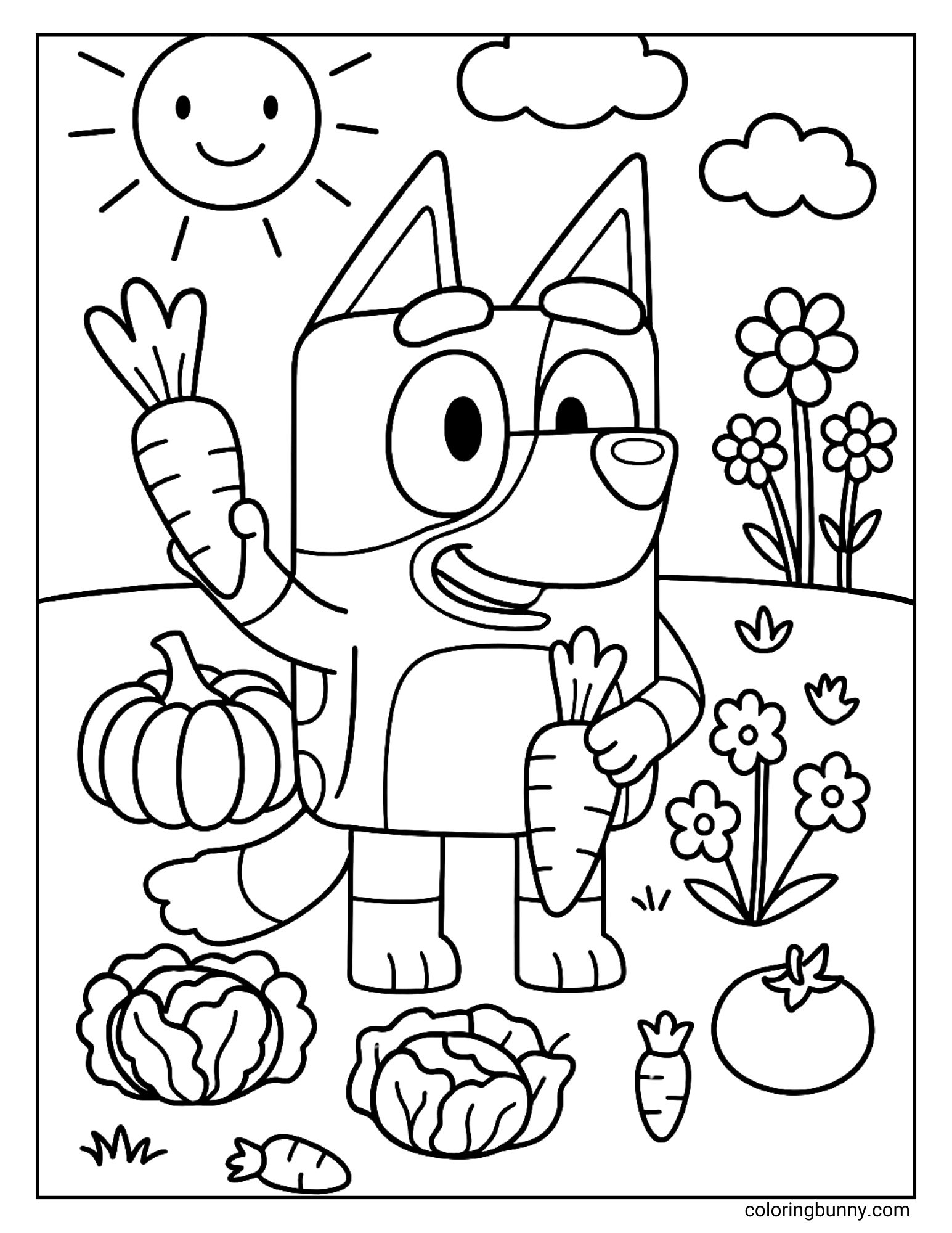 A black and white Thanksgiving Bluey coloring page showing Bluey standing in a garden with a pumpkin, cabbage, and carrots.