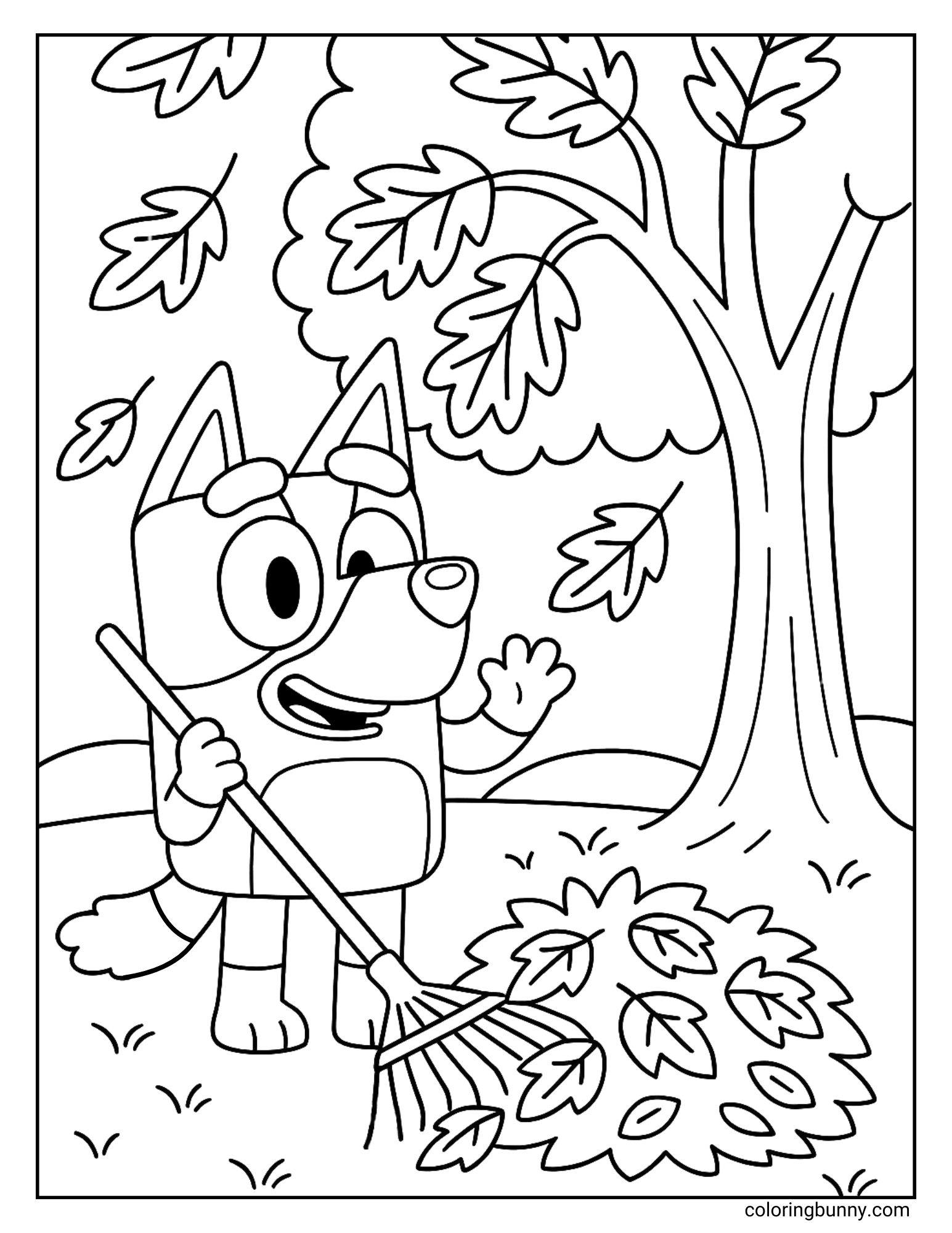 Black and white coloring page of Bluey outside on a fall day, happily raking leaves under a big tree.