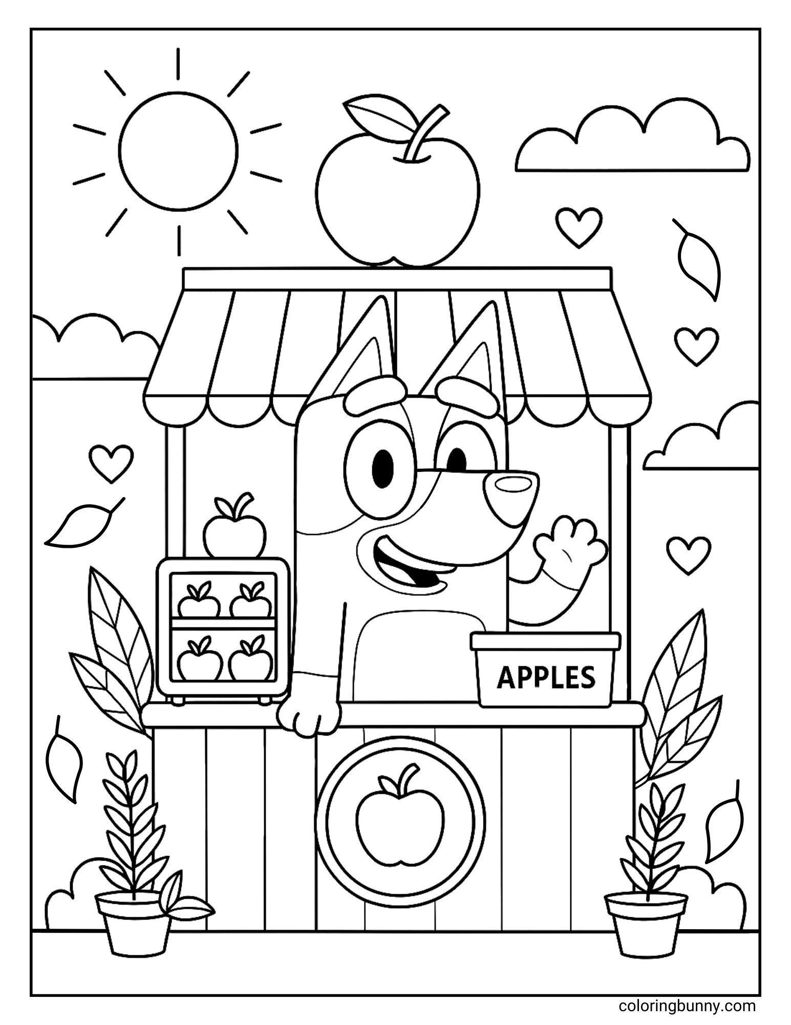 A black and white fall Bluey coloring page showing Bluey standing at a striped apple stand with a box of apples and the word "APPLES" on a sign.