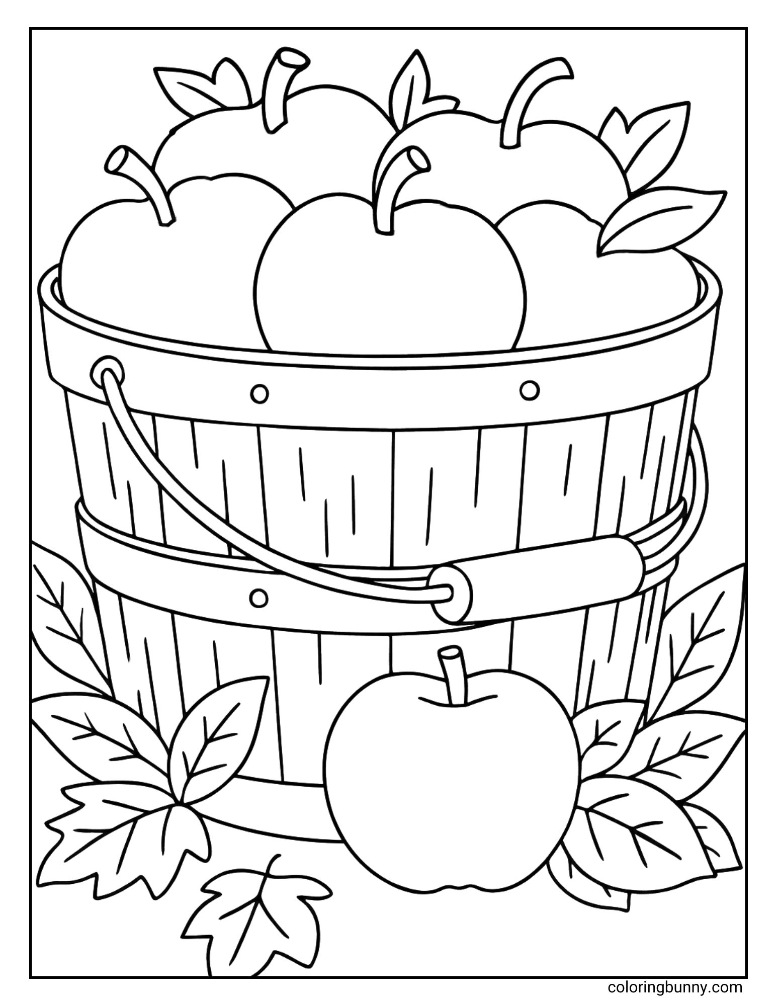 A rustic autumn coloring sheet showing a wooden bushel basket completely filled with freshly picked apples. One more apple and several fall leaves are resting on the ground in front of the basket.
