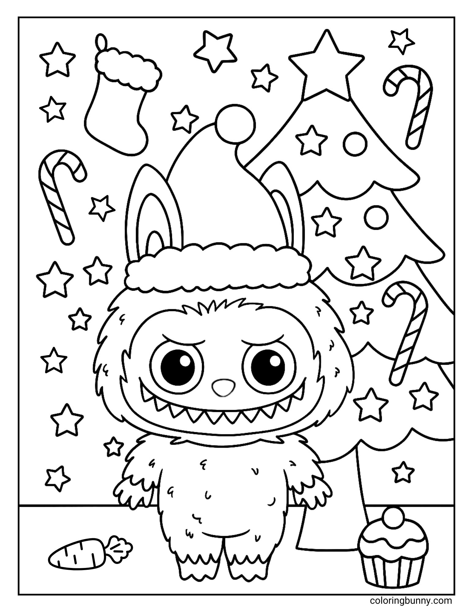A black and white Labubu Christmas coloring page showing Labubu wearing a Santa hat, standing in front of a Christmas tree with candy canes, stars, and a stocking.