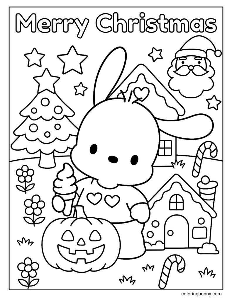 Merry Christmas Pochacco coloring page featuring the Sanrio pup holding an ice cream cone beside a jack-o’-lantern, blending Halloween fun with Christmas cheer. Behind him are decorated gingerbread houses, a Christmas tree with ornaments, candy canes scattered on the ground, and Santa Claus smiling in the sky.