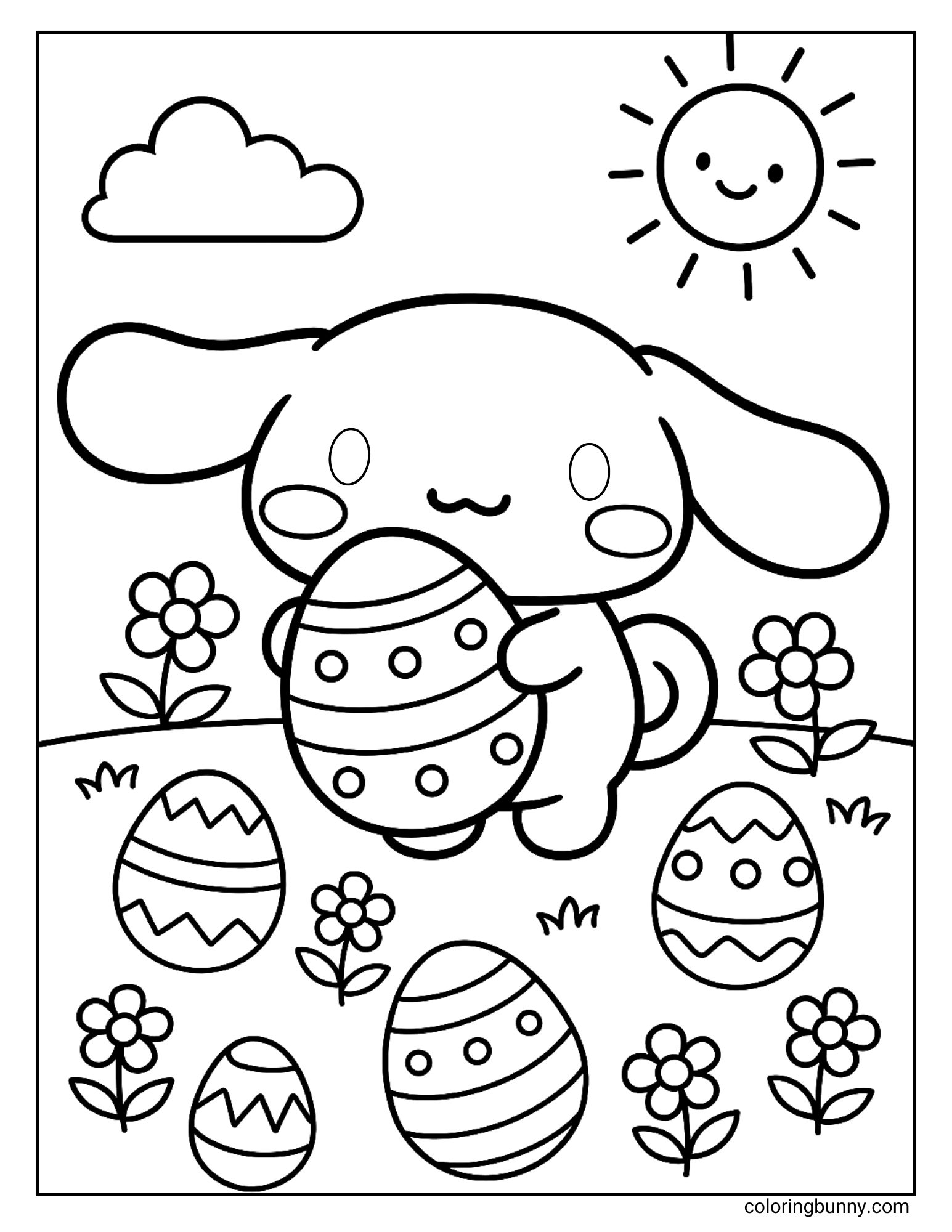 Cinnamoroll Easter coloring page featuring the Sanrio puppy holding a large decorated egg in a sunny meadow. The background includes blooming flowers, patterned Easter eggs scattered across the grass, a smiling sun, and a fluffy cloud.