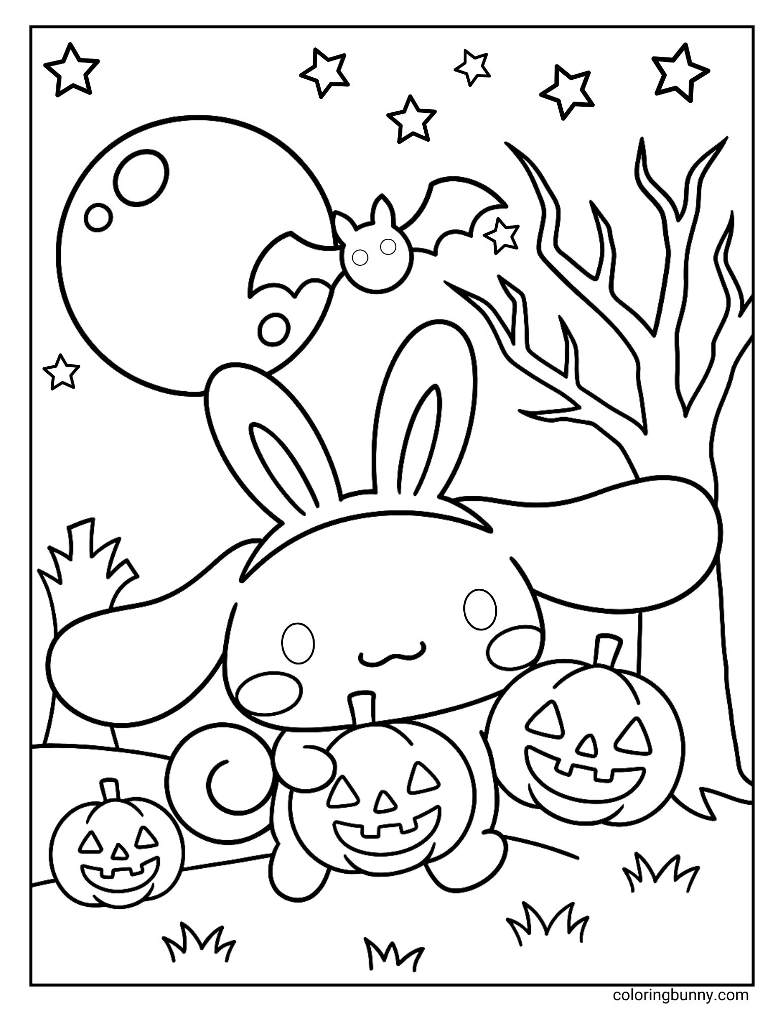Cinnamoroll Halloween coloring page featuring the Sanrio puppy dressed with tall bunny ears while holding carved pumpkins. The background includes a glowing full moon, a flying bat, twinkling stars, and a spooky bare tree, creating a festive Halloween night scene that’s both cute and slightly spooky