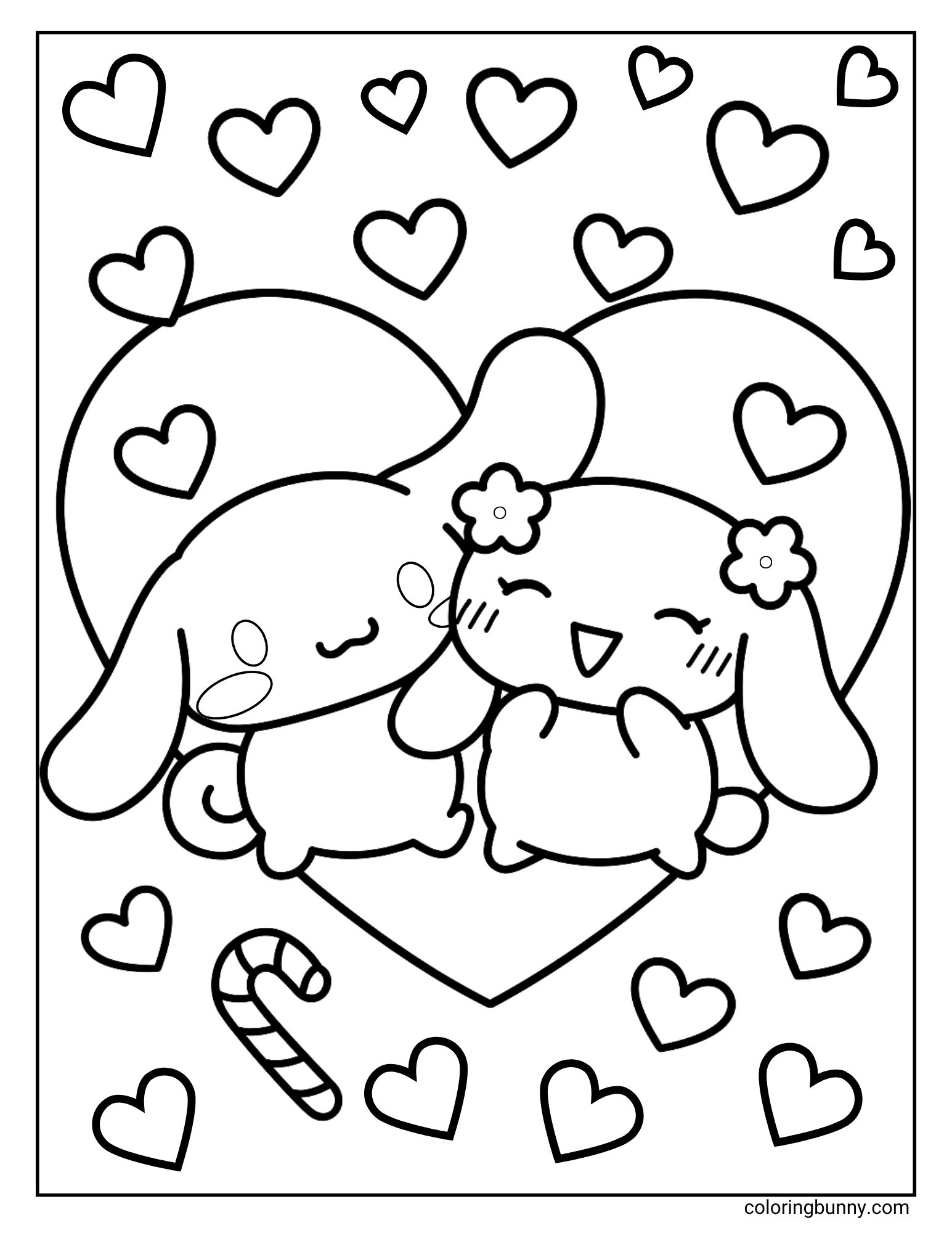 Sanrio coloring page of Cinnamoroll and Mocha hugging, with a large heart behind them and smaller hearts and a candy cane floating around.