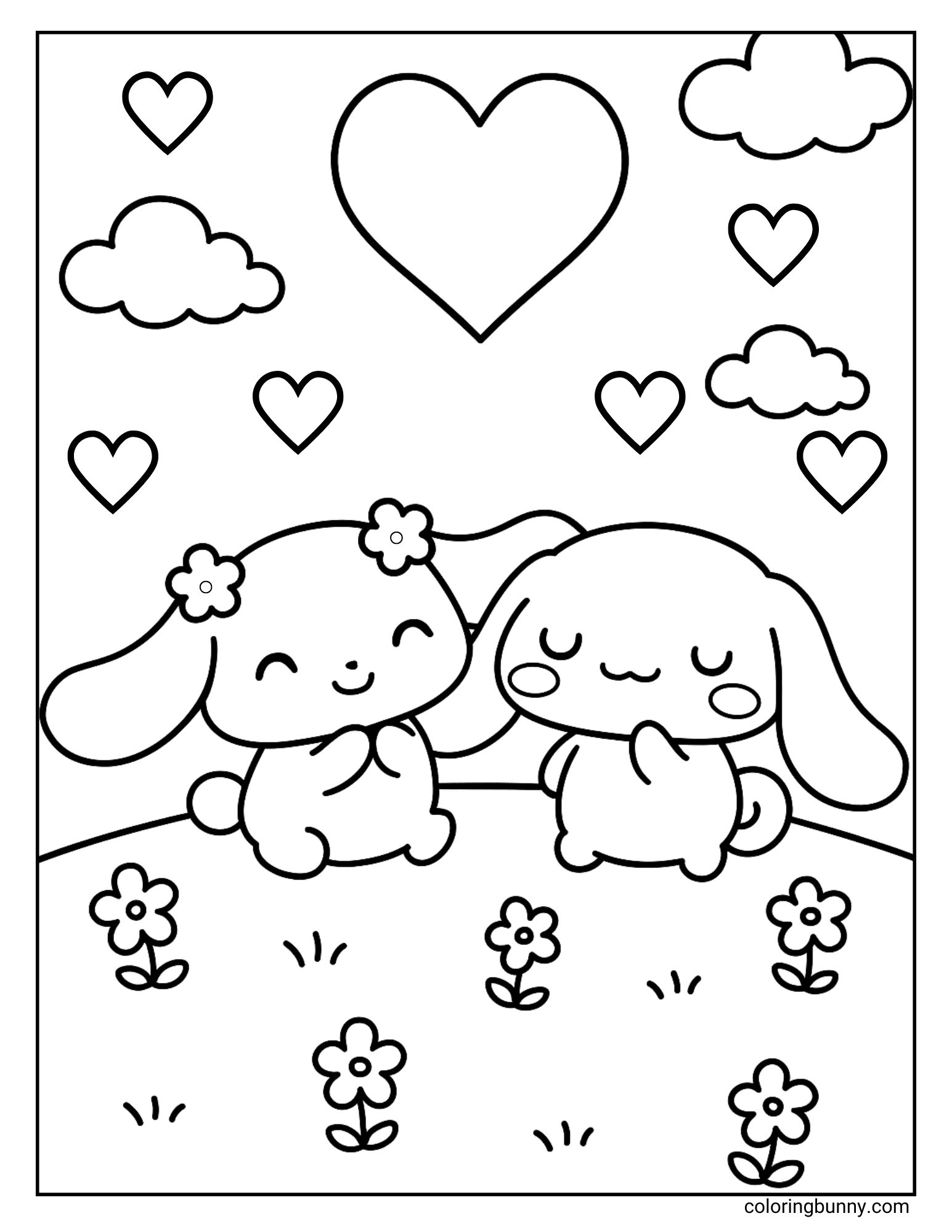 Cinnamoroll and Mocha coloring page featuring the two Sanrio puppies sitting side by side in a grassy meadow. The background includes fluffy clouds, scattered hearts, and a large central heart above them, creating a tender and heartwarming scene ideal for coloring.