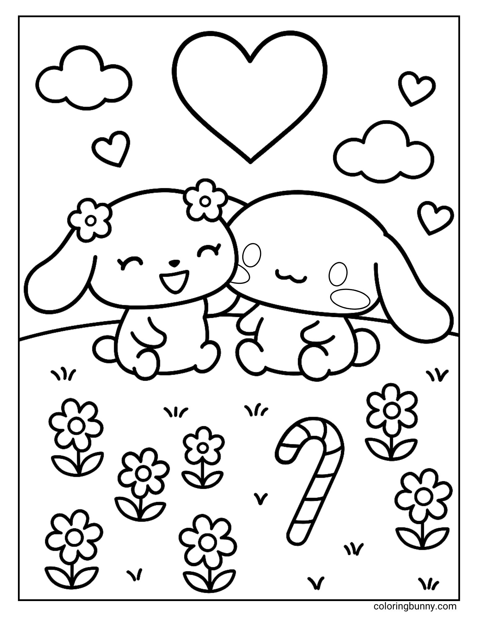 Cinnamoroll and Mocha coloring page featuring the two Sanrio puppies sitting side by side in a meadow of blooming flowers. A large heart floats above them, with smaller hearts and clouds in the background, plus a candy cane at their feet, adding a playful and charming touch to the romantic design.
