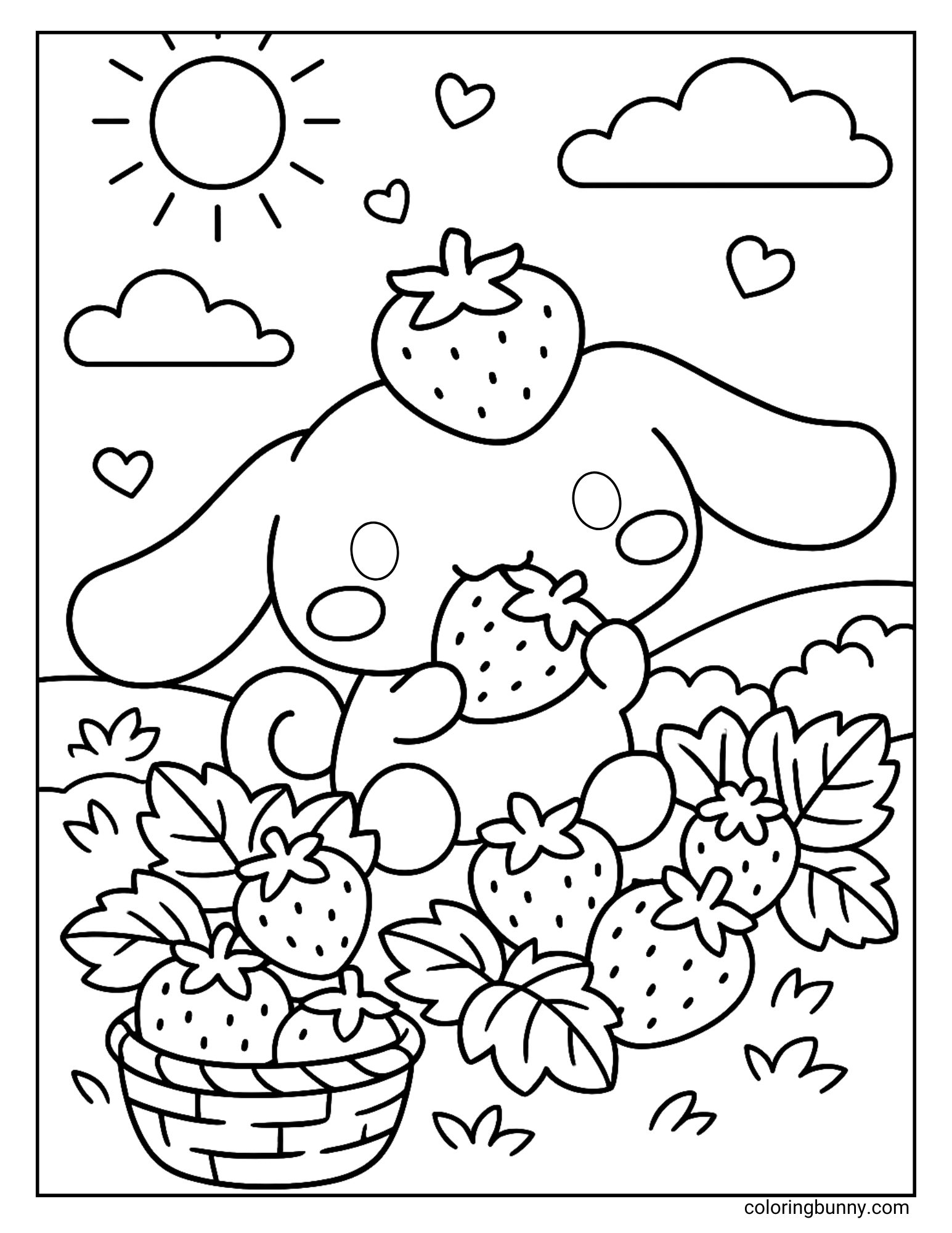 Cinnamoroll coloring page featuring the Sanrio puppy surrounded by strawberries in a sunny meadow. He holds a ripe berry, balances another on his head, and sits beside a basket full of strawberries and leafy plants. Fluffy clouds, hearts, and the bright sun complete this cheerful harvest scene.