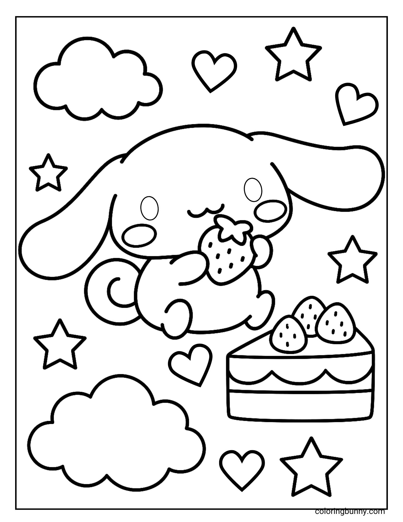 Cinnamoroll coloring page featuring the Sanrio puppy holding a strawberry while a slice of strawberry shortcake rests nearby. The background is filled with fluffy clouds, shining stars, and little hearts