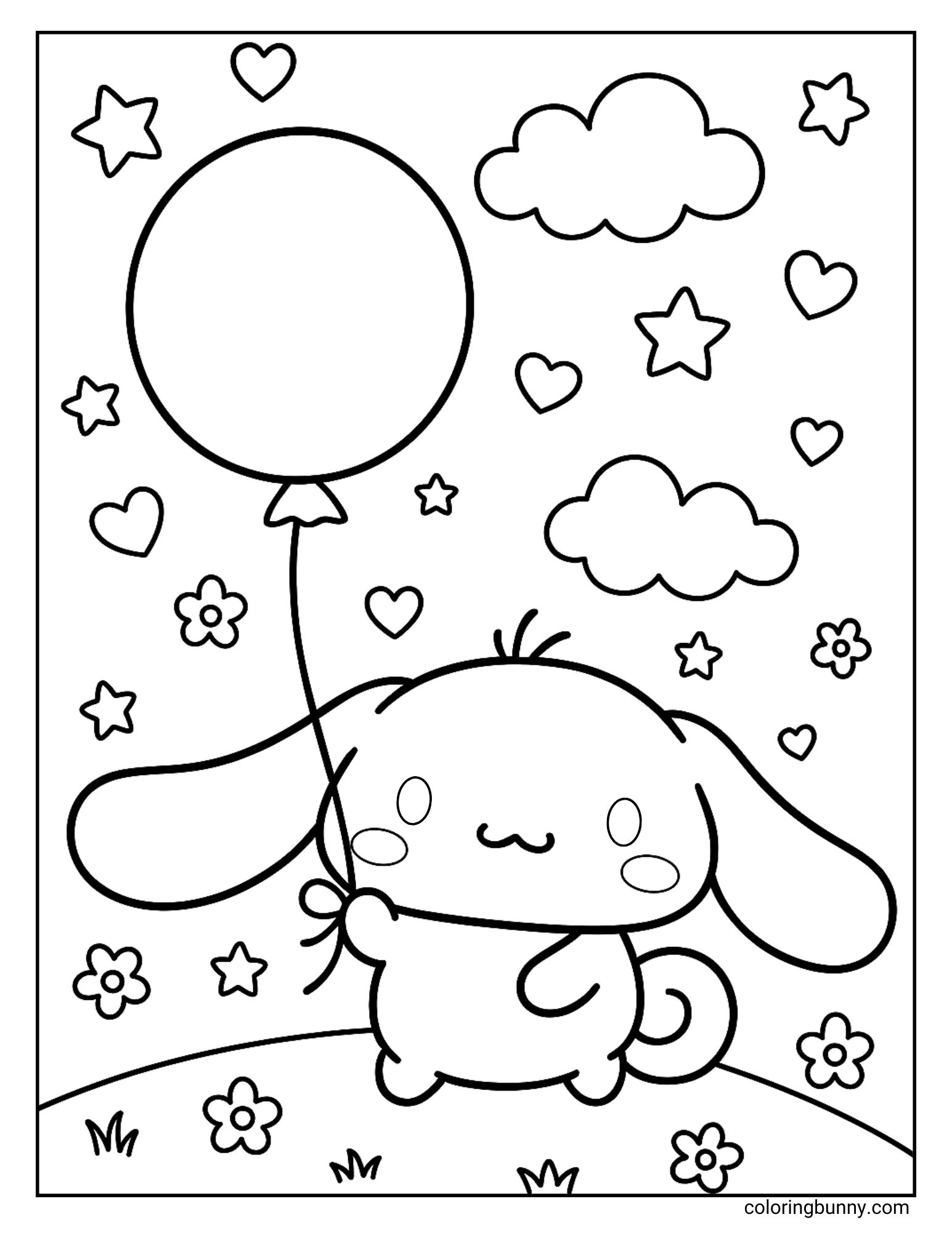 Sanrio coloring page of Cinnamoroll holding a large balloon, with hearts, stars, and clouds in the background.
