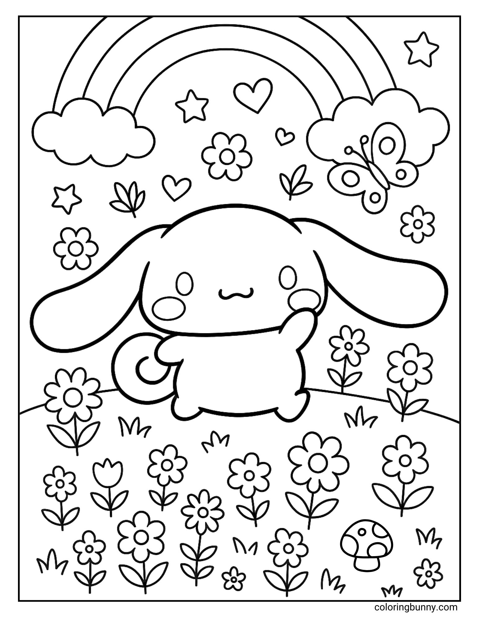 Coloring page of Cinnamoroll sitting in a meadow filled with flowers, a mushroom, a butterfly, and a rainbow in the sky.