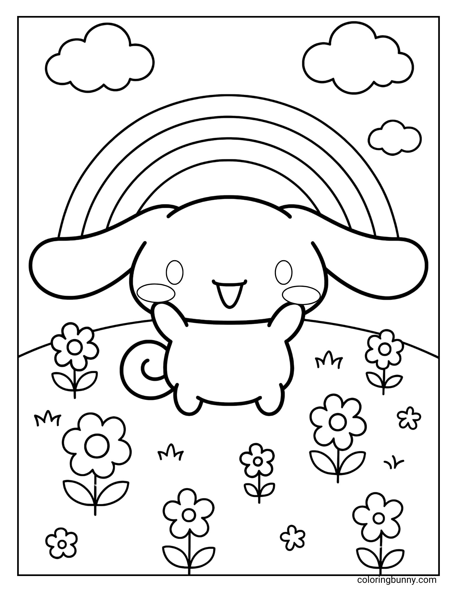 Cinnamoroll in a flower meadow coloring page. He stands among flowers and grass, under a rainbow and clouds.